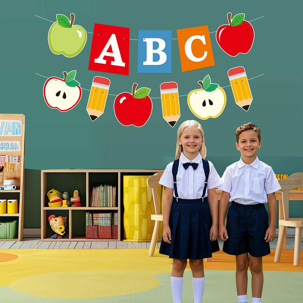 HYELNHUA ABC Banderín de fiesta con alfabeto de manzana, decoración de regreso a clases en rojo y rosa