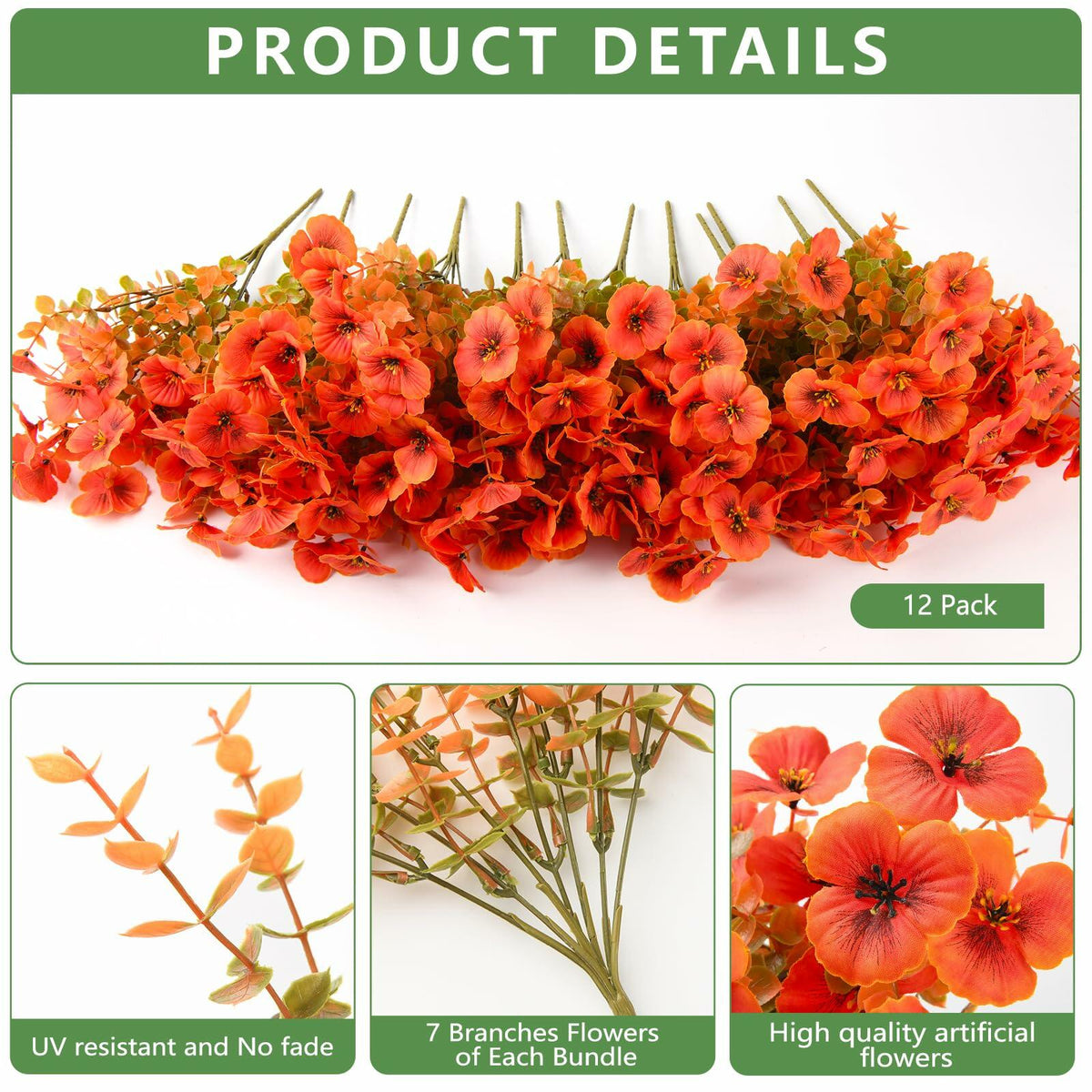 INQCMY Flores artificiales de otoño, 12 ramos de pensamientos falsos de color naranja, resistentes a los rayos UV