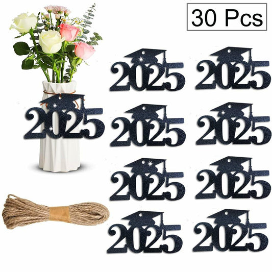 SDKI 30Pcs 2025 Black Glitter Graduation Cutouts Tags Party Decoration