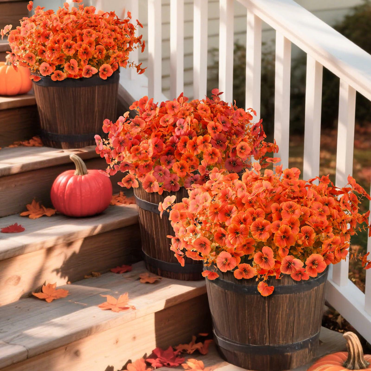 INQCMY Flores artificiales de otoño, 12 ramos de pensamientos falsos de color naranja, resistentes a los rayos UV