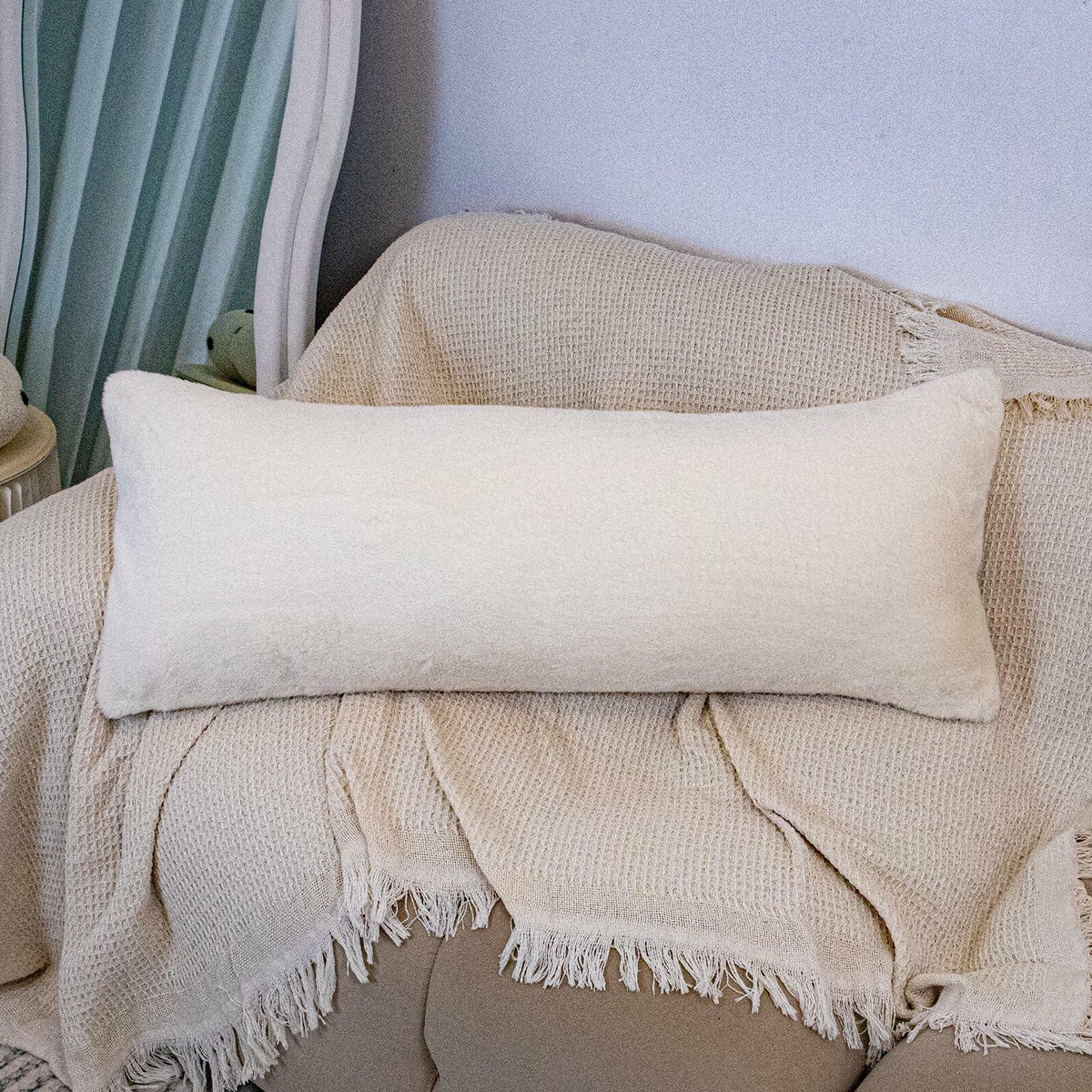 JoraLion Faux Fur Lumbar Pillow Cover 14x36 inch Cream Rabbit Plush 1 Cover