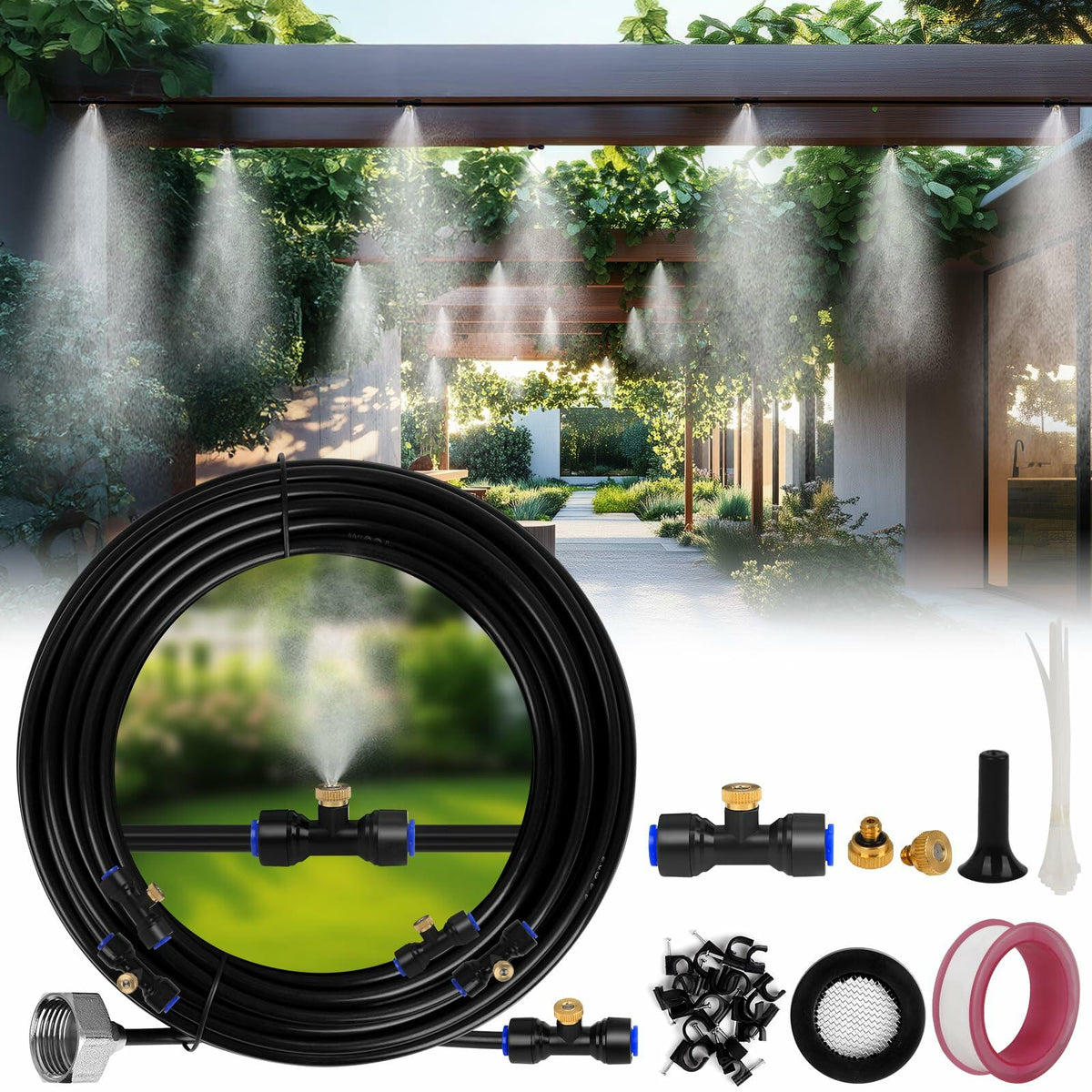UBYNID 82FT Patio Misting System 21 Brass Nozzles Outdoor Cooling Adapter