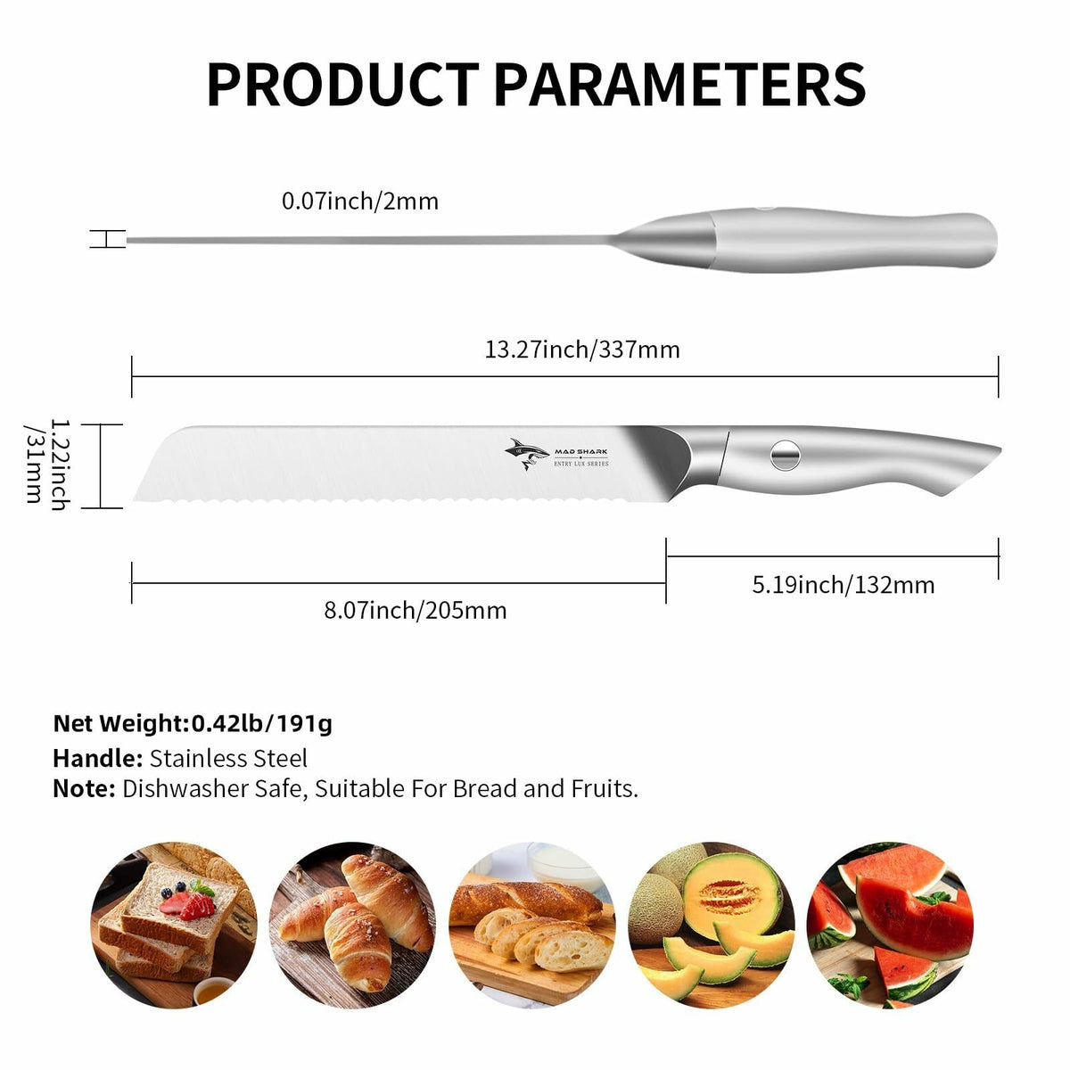 MAD SHARK Bread Knife 8 Inch Stainless Steel Silver Razor Sharp