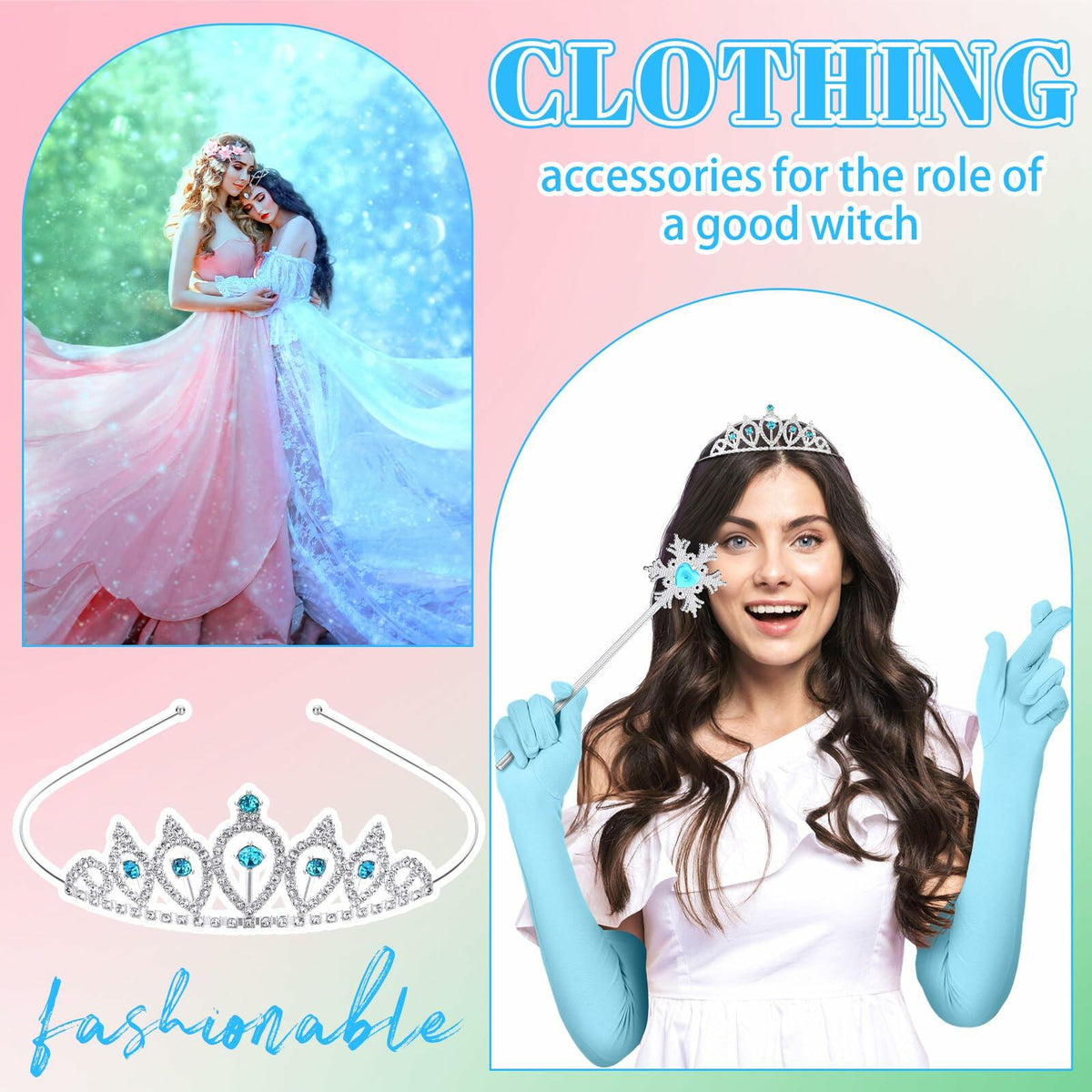 Croknit 16 Pcs Witch Party Favors Blue Pink Princess Crown Wands Gloves