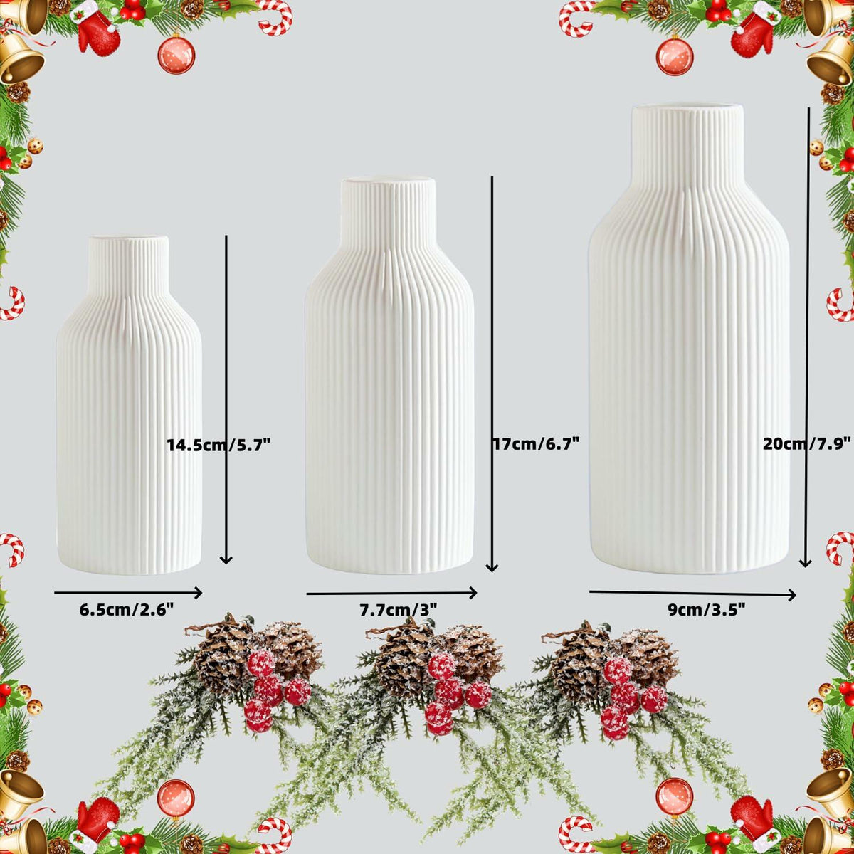 Brighomrom Christmas Ceramic Vases Set of 3 White Ribbed Pineflower Rings