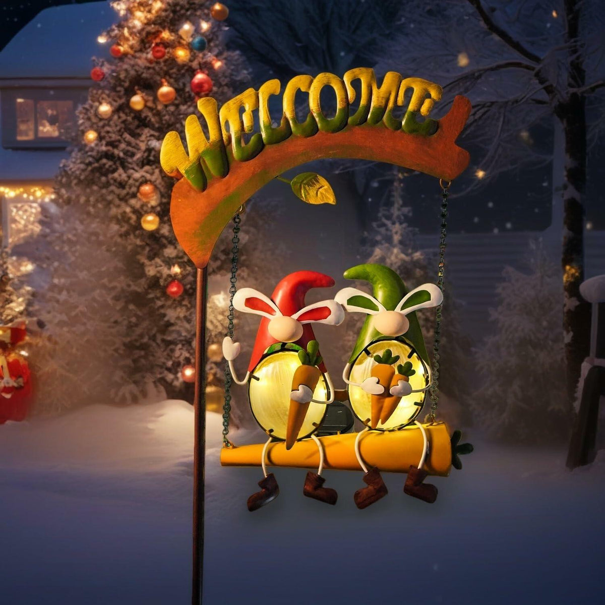 HONGLAND Solar Christmas Gnomes Outdoor Decor Orange Rabbit Welcome Sign