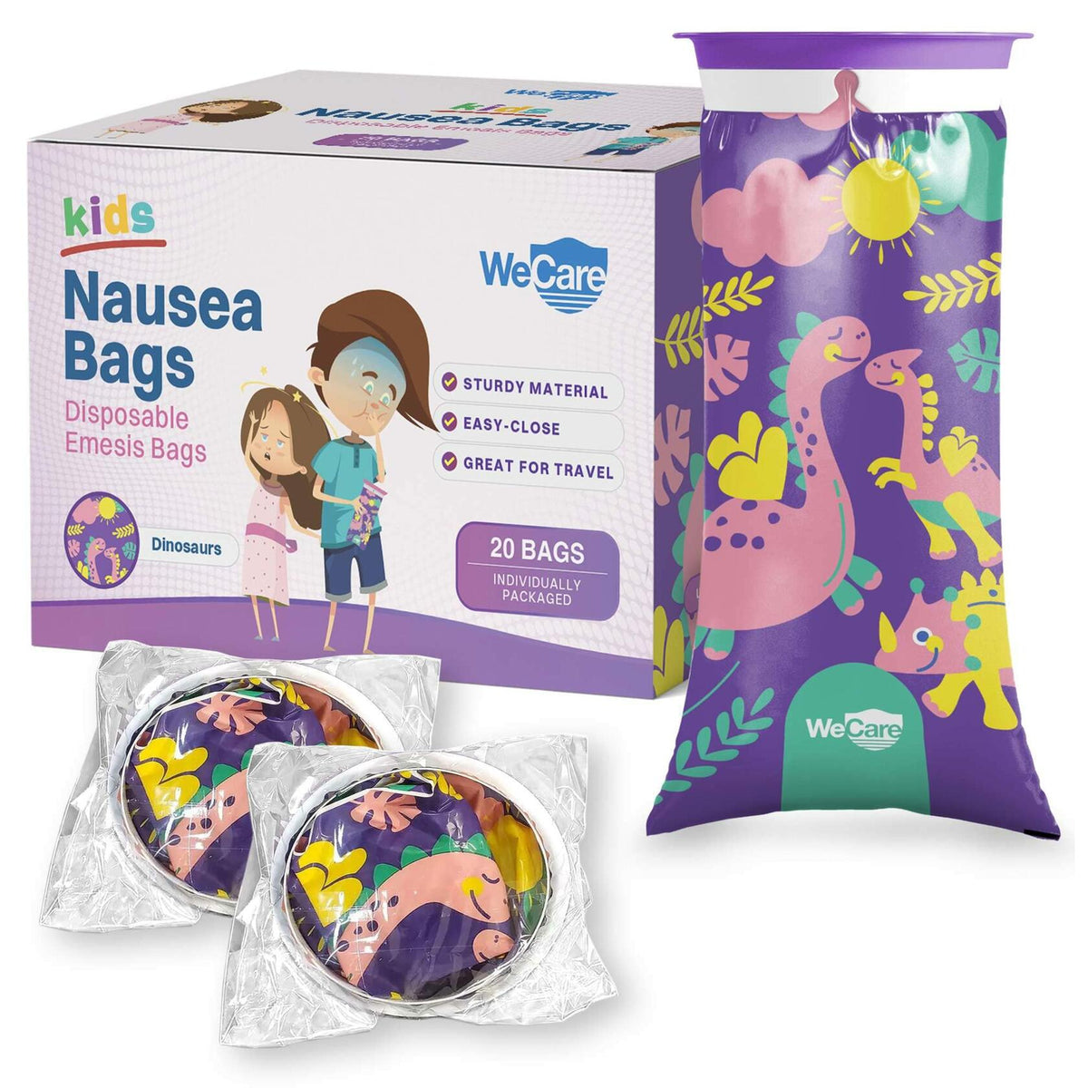 Kids Vomit Bags 20 Pack Disposable Leak Proof Self Sealing Dinosaur Print