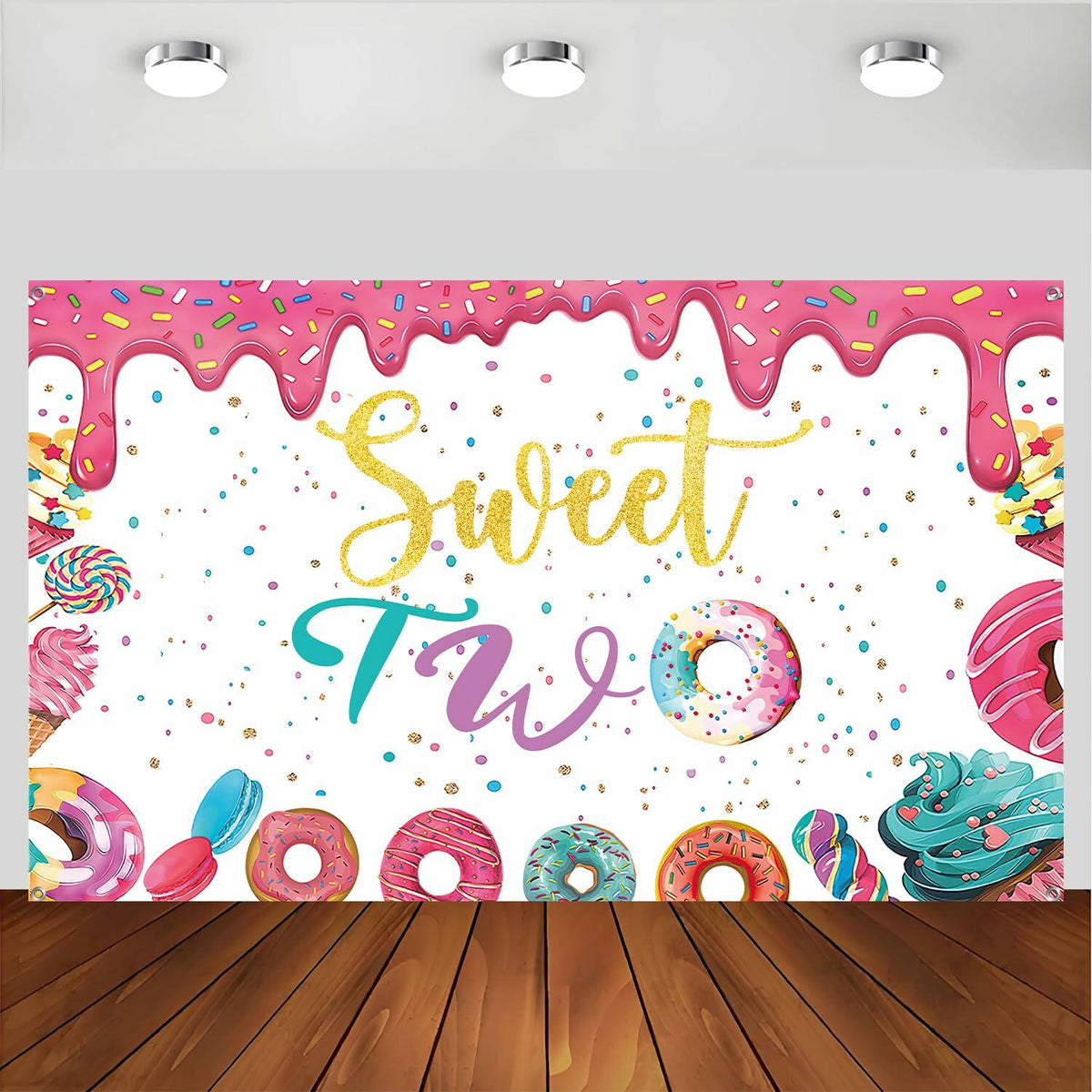 xuanflyF Donut Sweet Two Birthday Party Backdrop Banner 5x3ft Pink Cotton