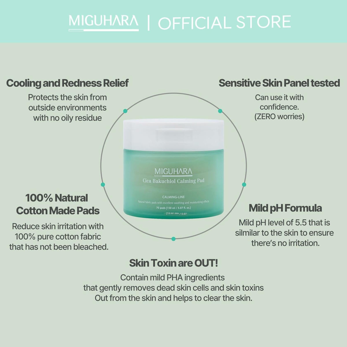best by 02/2027 MIGUHARA Cica Bakuchiol Calming Pad Korean Skincare Toner Pad 70