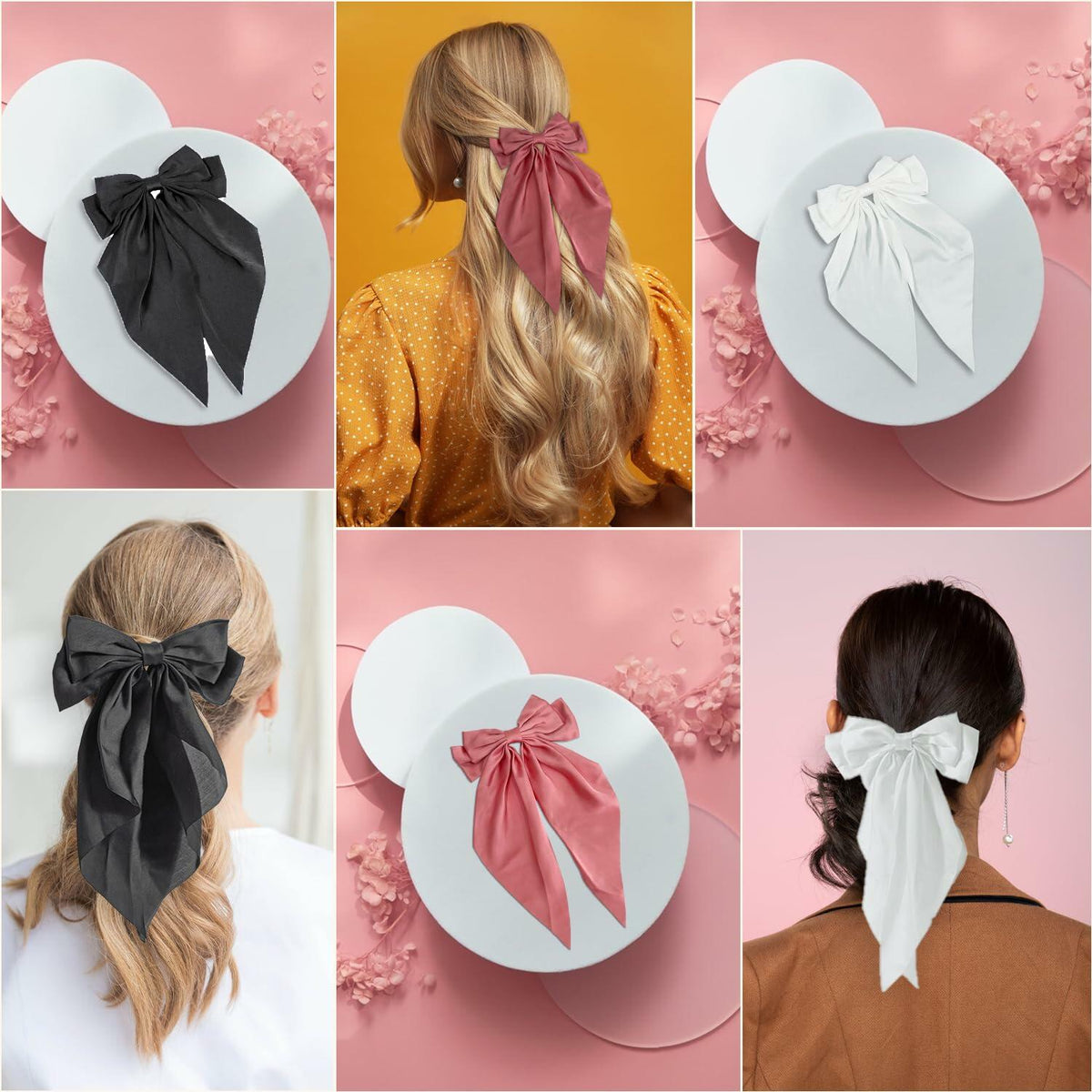 HUFITION Satin Metal Hair Bow Clips 3 PCS Beige Hot Pink Light Pink