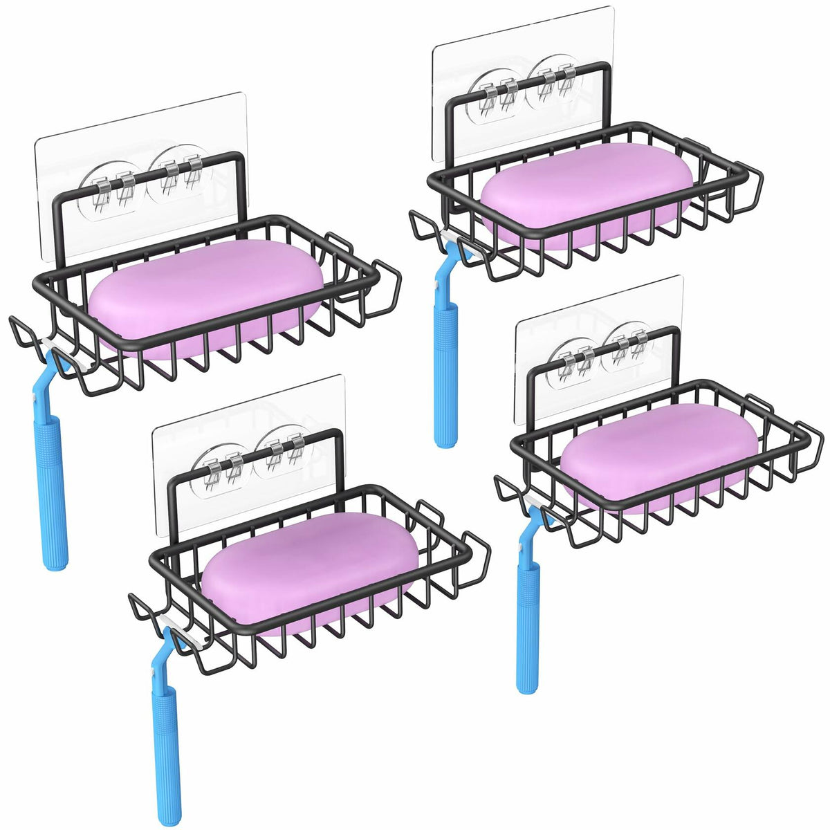 Soporte adhesivo para jabón Ailibuligo con ganchos, negro, paquete de 4, para pared de ducha