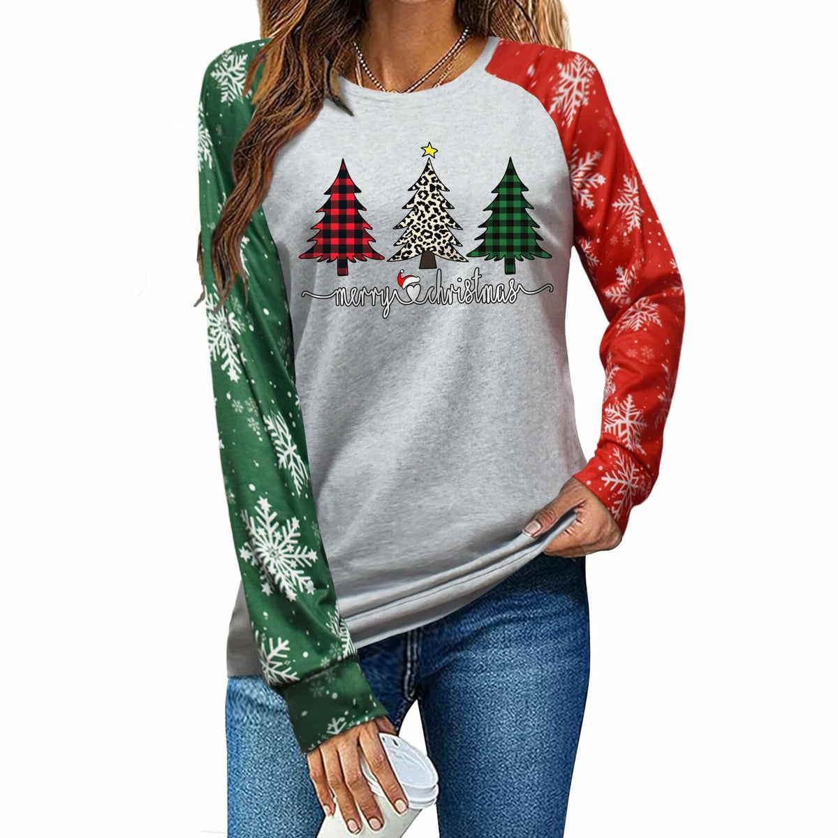 Camiseta navideña para mujer ADIAOA con estampado de dibujos animados de botánica y bloques de color, árbol verde, talla M