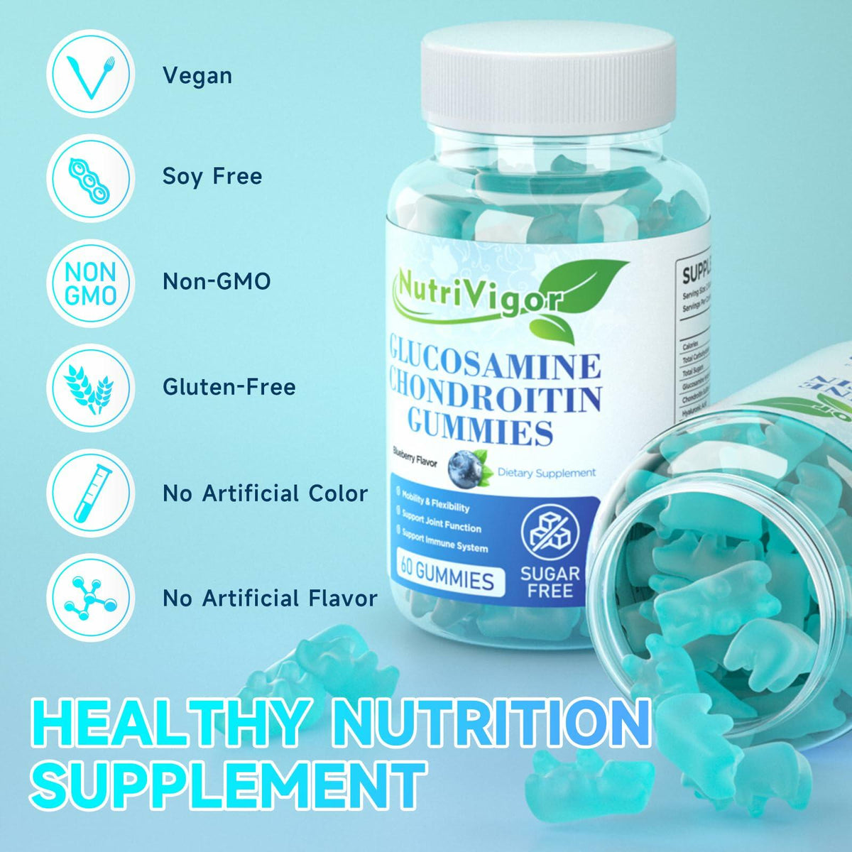 Gomitas NutriVigor de Glucosamina, Condroitina, MSM y Saúco, sabor arándano, 60 unidades