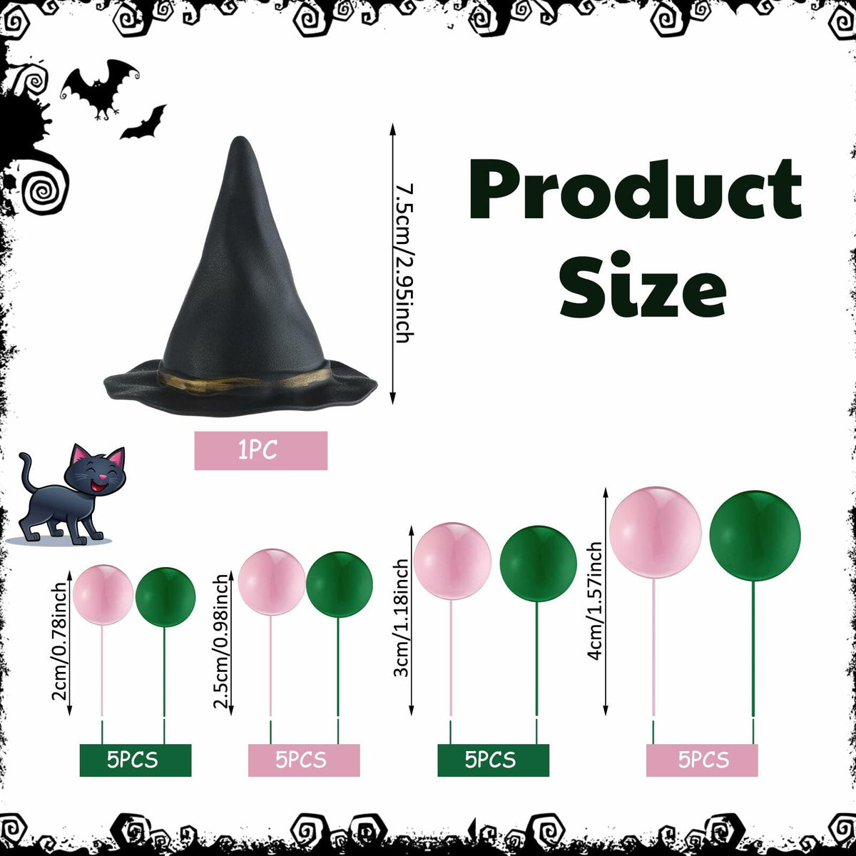 Geelin 41 piezas Decoración para pastel de bruja de Halloween, globos rosa, verde, plateado y negro