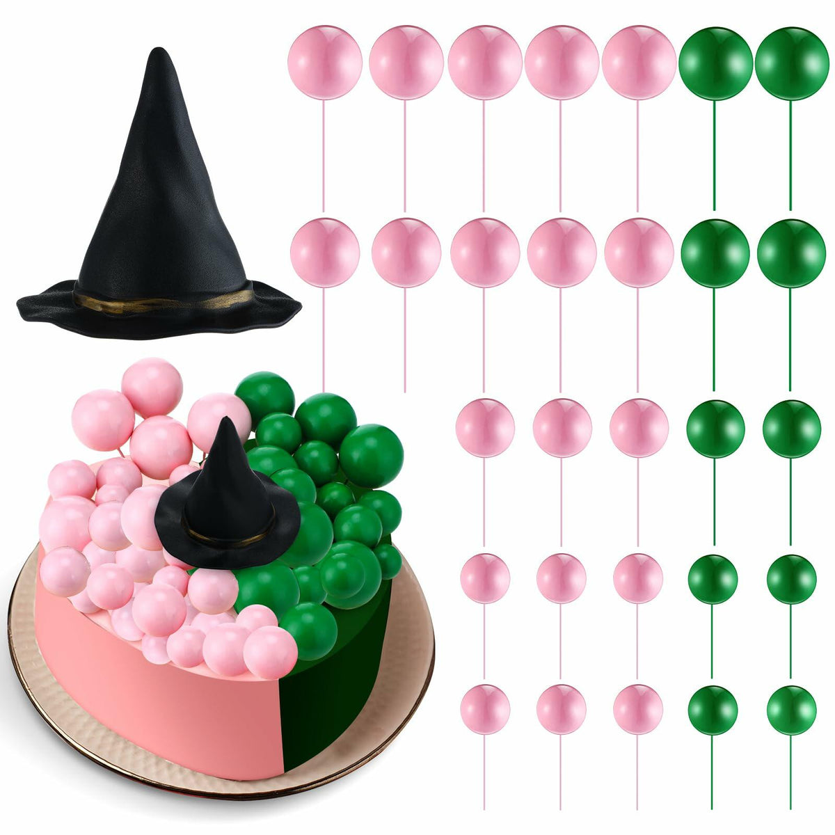 Geelin 41 piezas Decoración para pastel de bruja de Halloween, globos rosa, verde, plateado y negro