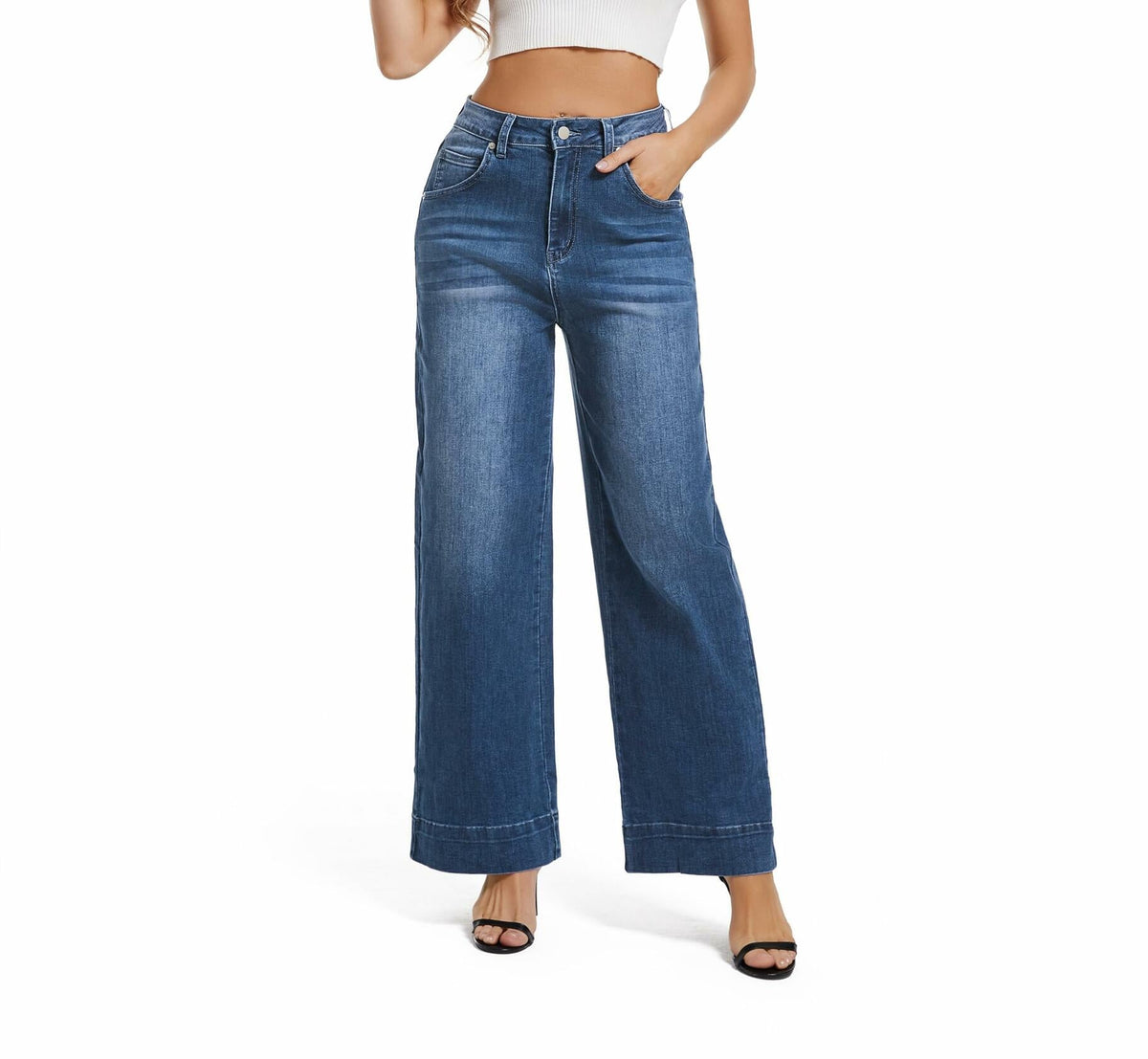 Jeans de pierna ancha, elásticos y de tiro alto para mujer Guaile, color azul, talla 6