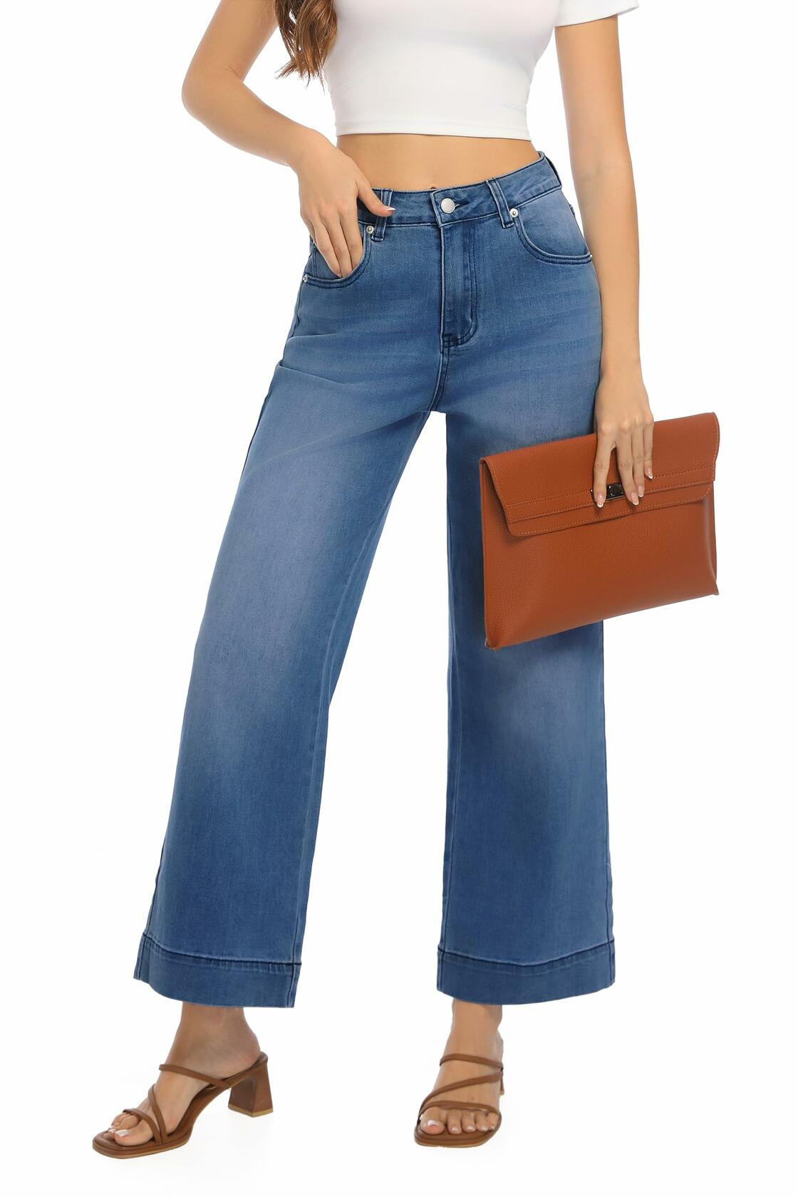 Jeans de pierna ancha, elásticos y de tiro alto para mujer Guaile, color azul, talla 6