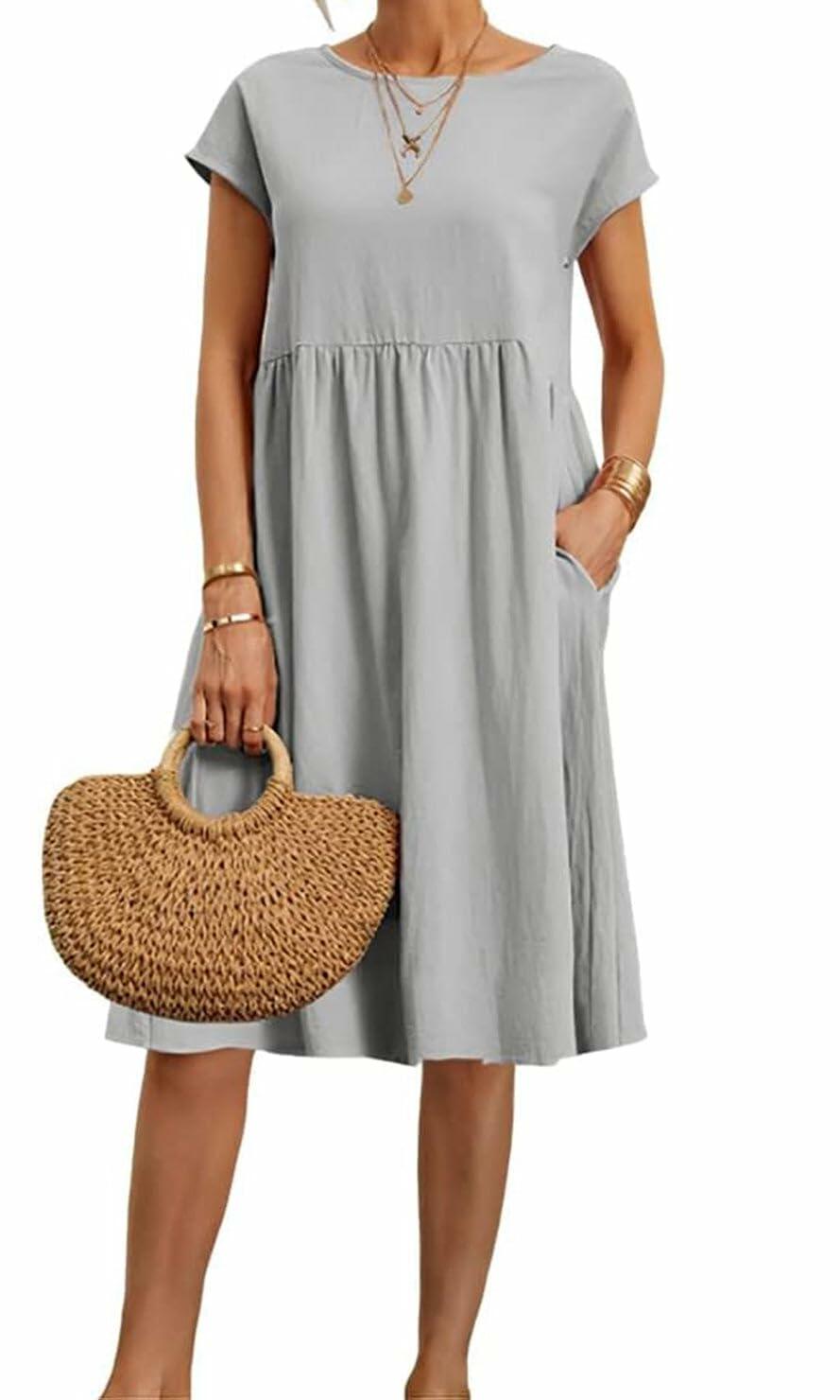Vestido casual de playa Kubsid de algodón y lino, manga corta, color gris, talla XL
