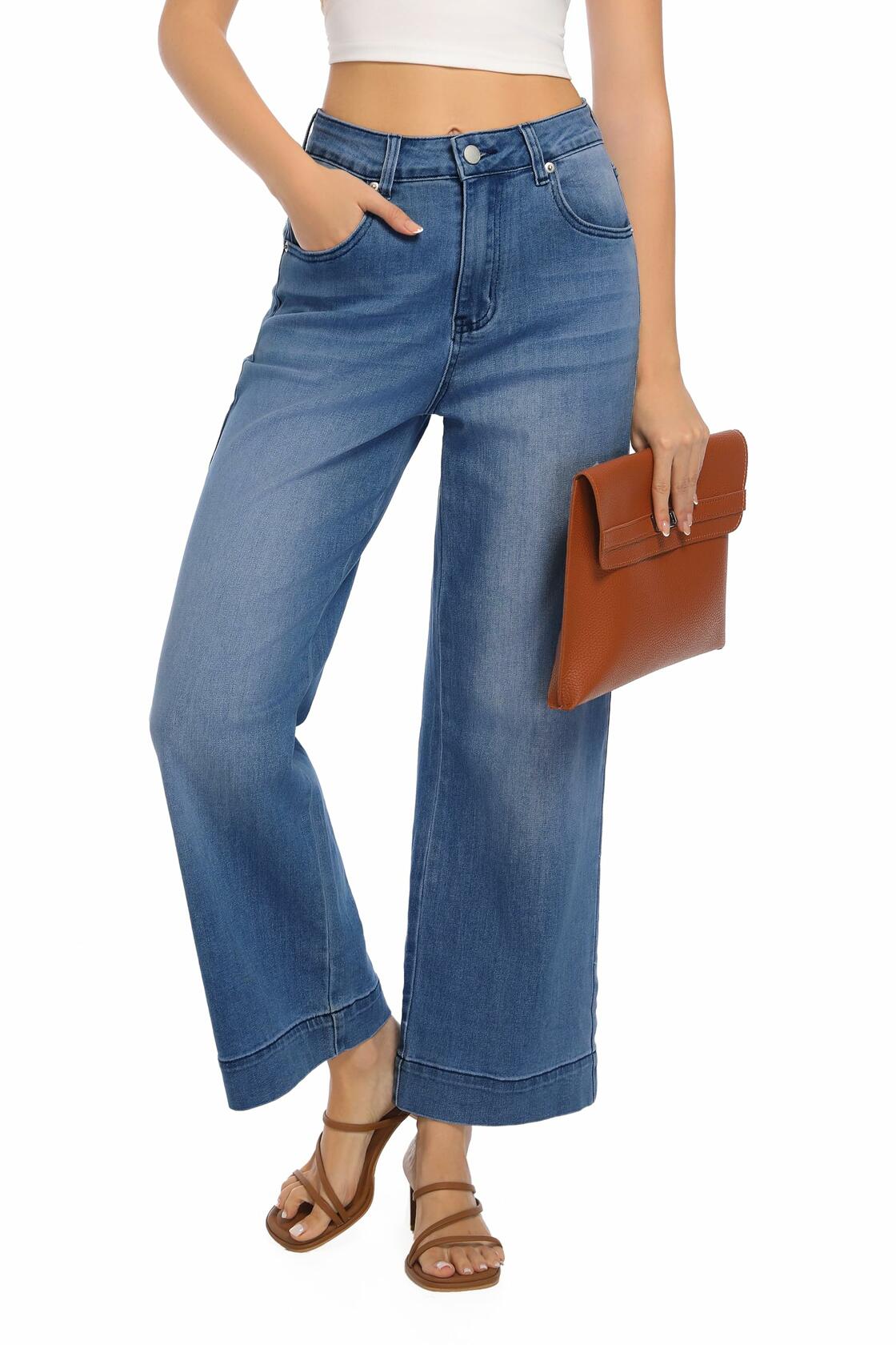 Jeans de pierna ancha, elásticos y de tiro alto para mujer Guaile, color azul, talla 6