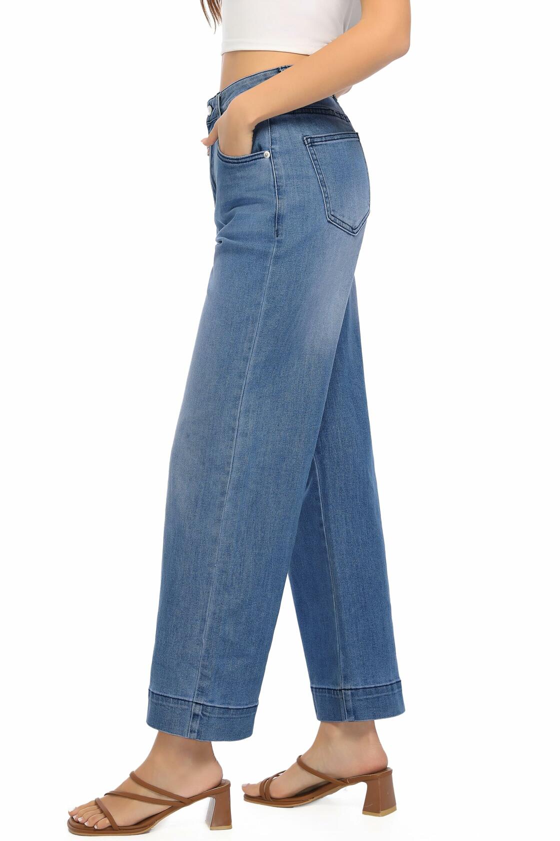 Jeans de pierna ancha, elásticos y de tiro alto para mujer Guaile, color azul, talla 6