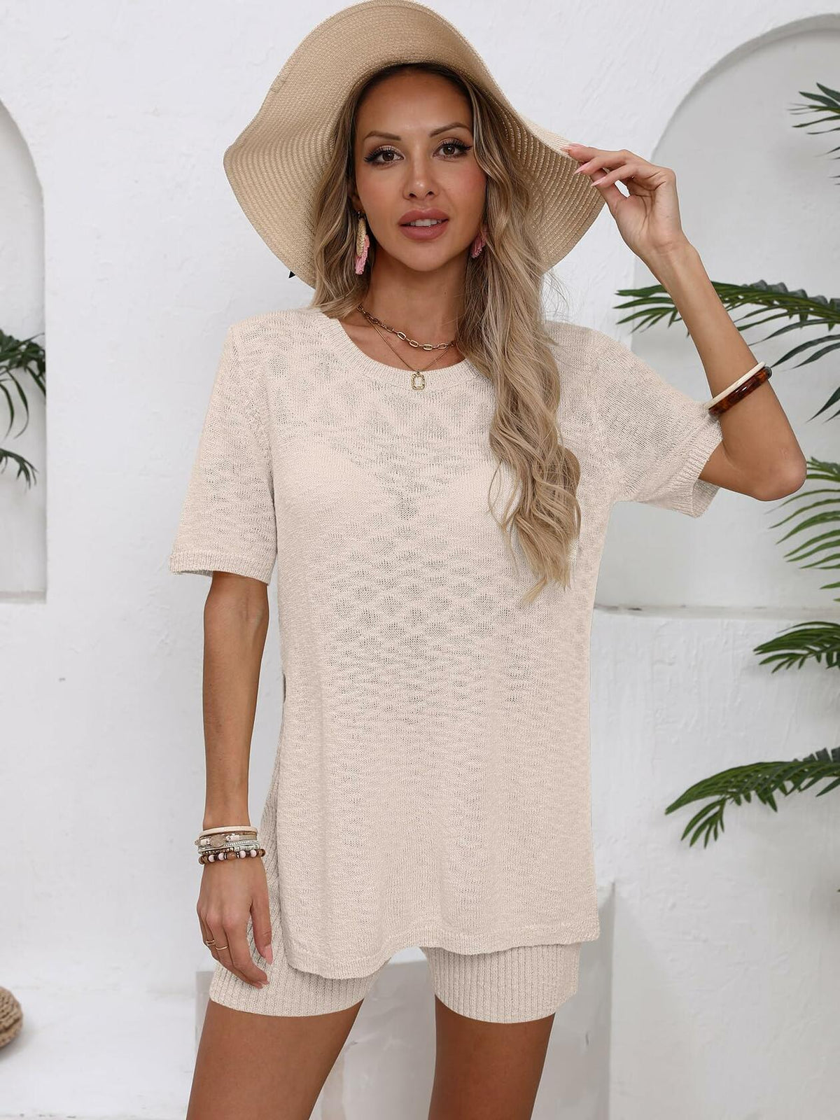 OUKODS Womens 2 Piece Summer Short Sleeve Top & Shorts Set Apricot Size S