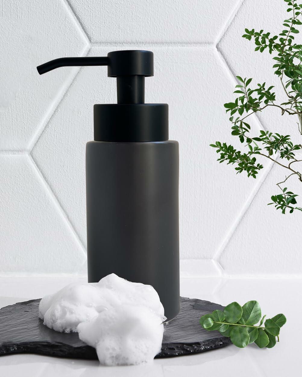 Dispensador de jabón espumoso recargable de cerámica a rayas negras UNBONSOUHAIT de 11.5 oz