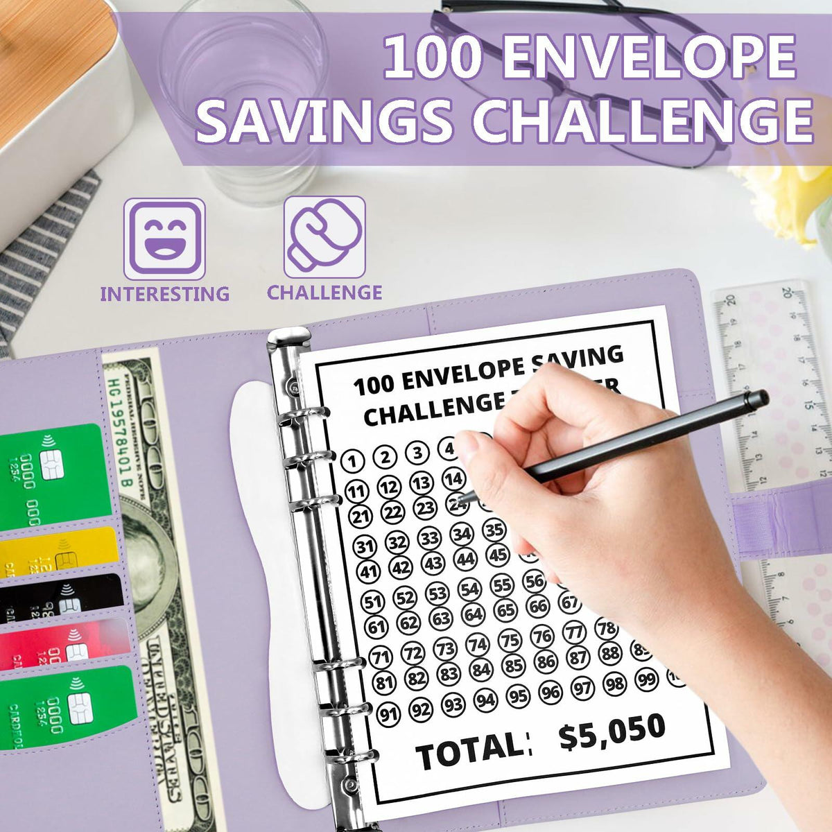 Mashaop 100 Envelope Challenge Binder White PU A4/Letter 13 Pages