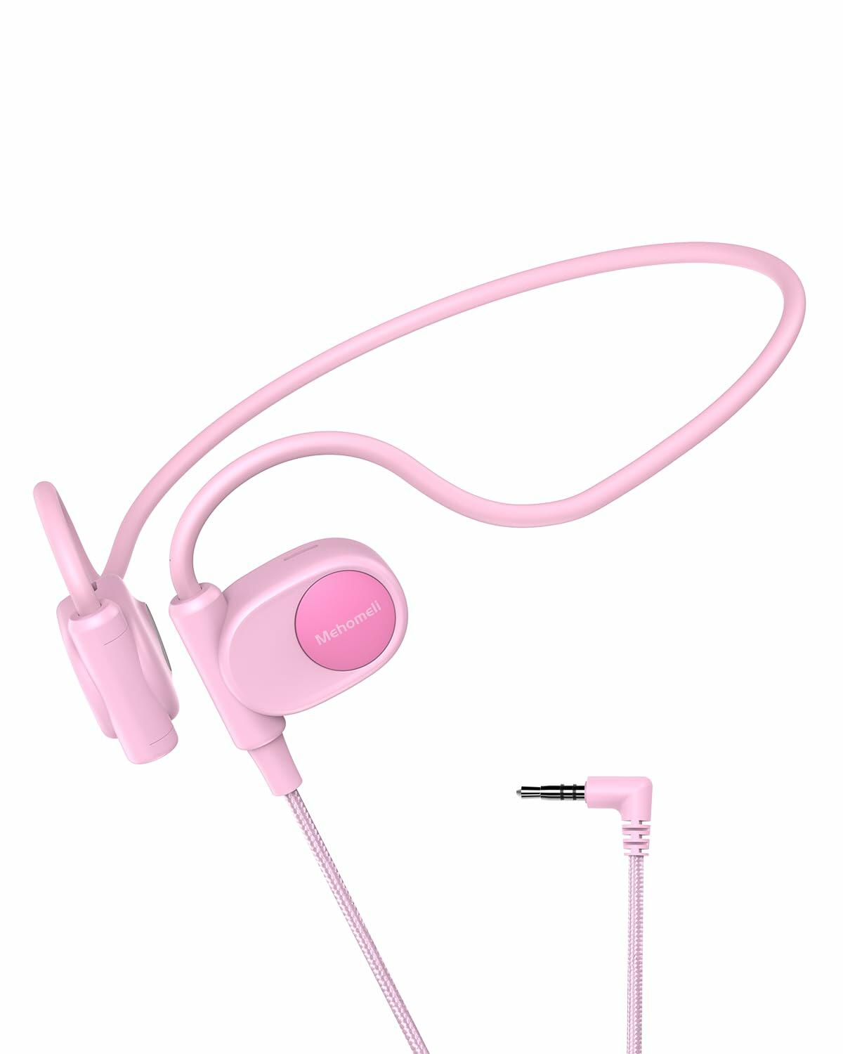 Auriculares con conducción ósea para niños Mehomeli, diseño de oreja abierta, cable con conector de 3.5 mm, color rosa