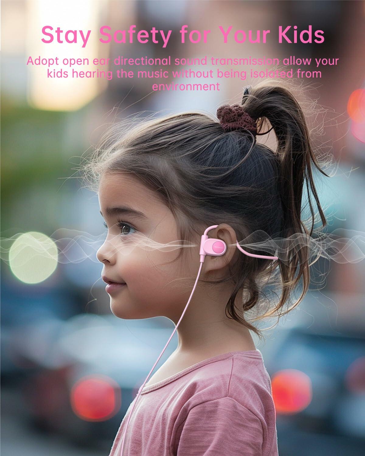 Auriculares con conducción ósea para niños Mehomeli, diseño de oreja abierta, cable con conector de 3.5 mm, color rosa