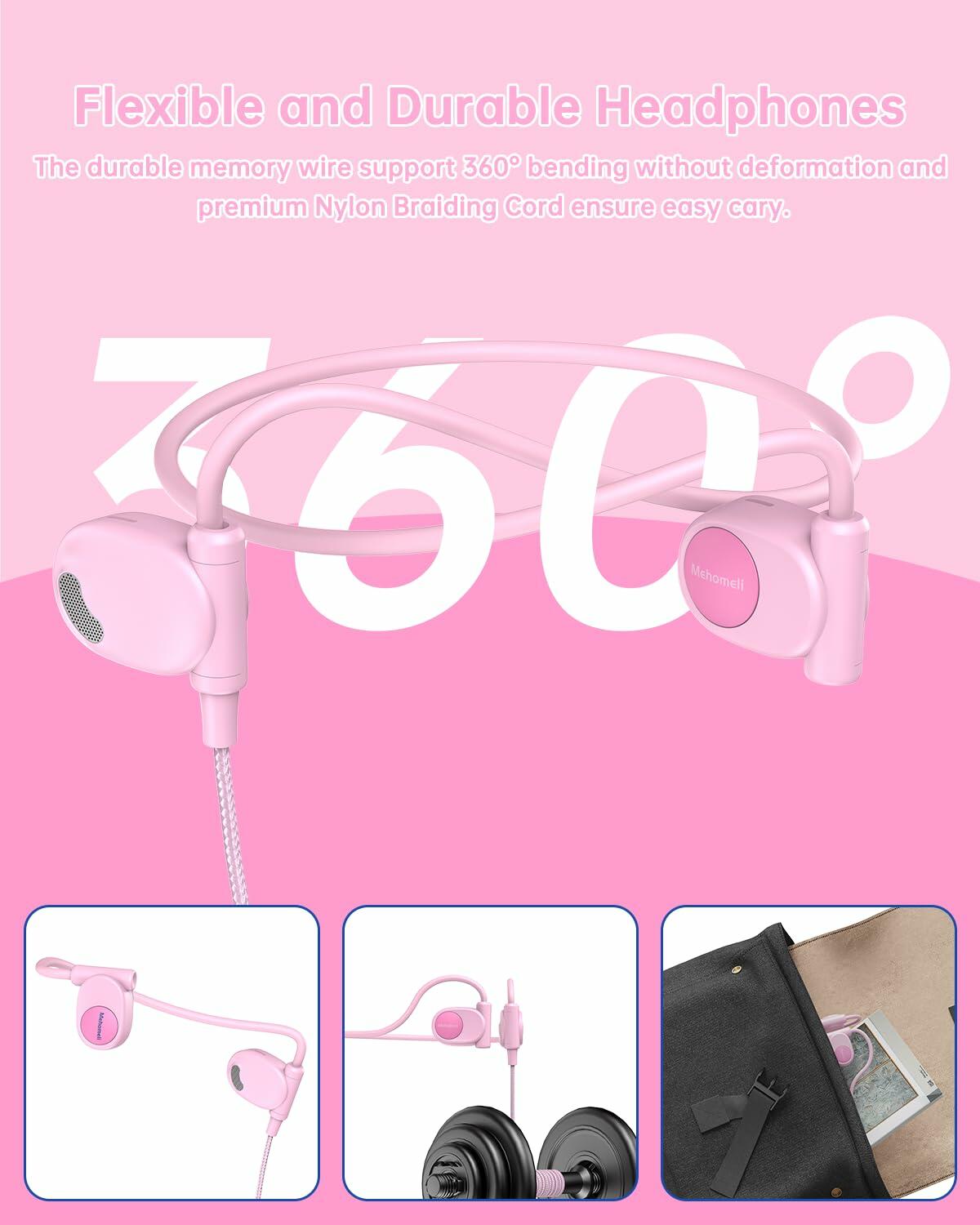 Auriculares con conducción ósea para niños Mehomeli, diseño de oreja abierta, cable con conector de 3.5 mm, color rosa