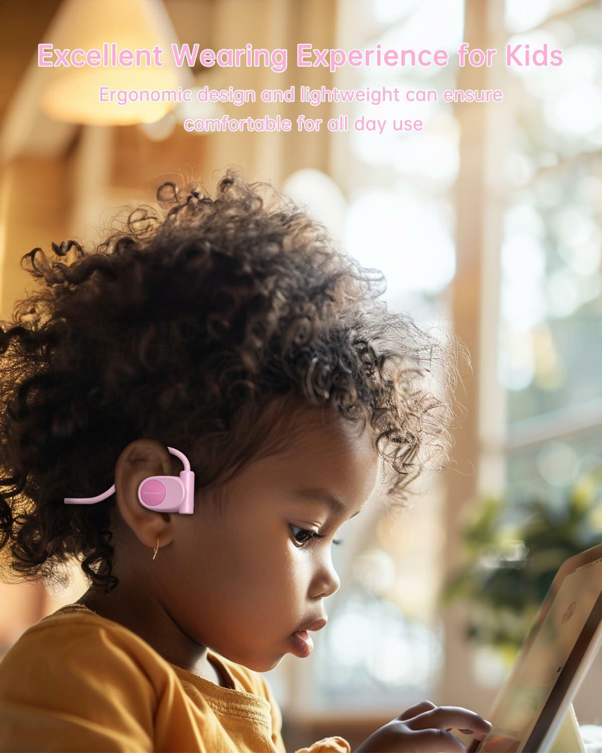 Auriculares con conducción ósea para niños Mehomeli, diseño de oreja abierta, cable con conector de 3.5 mm, color rosa