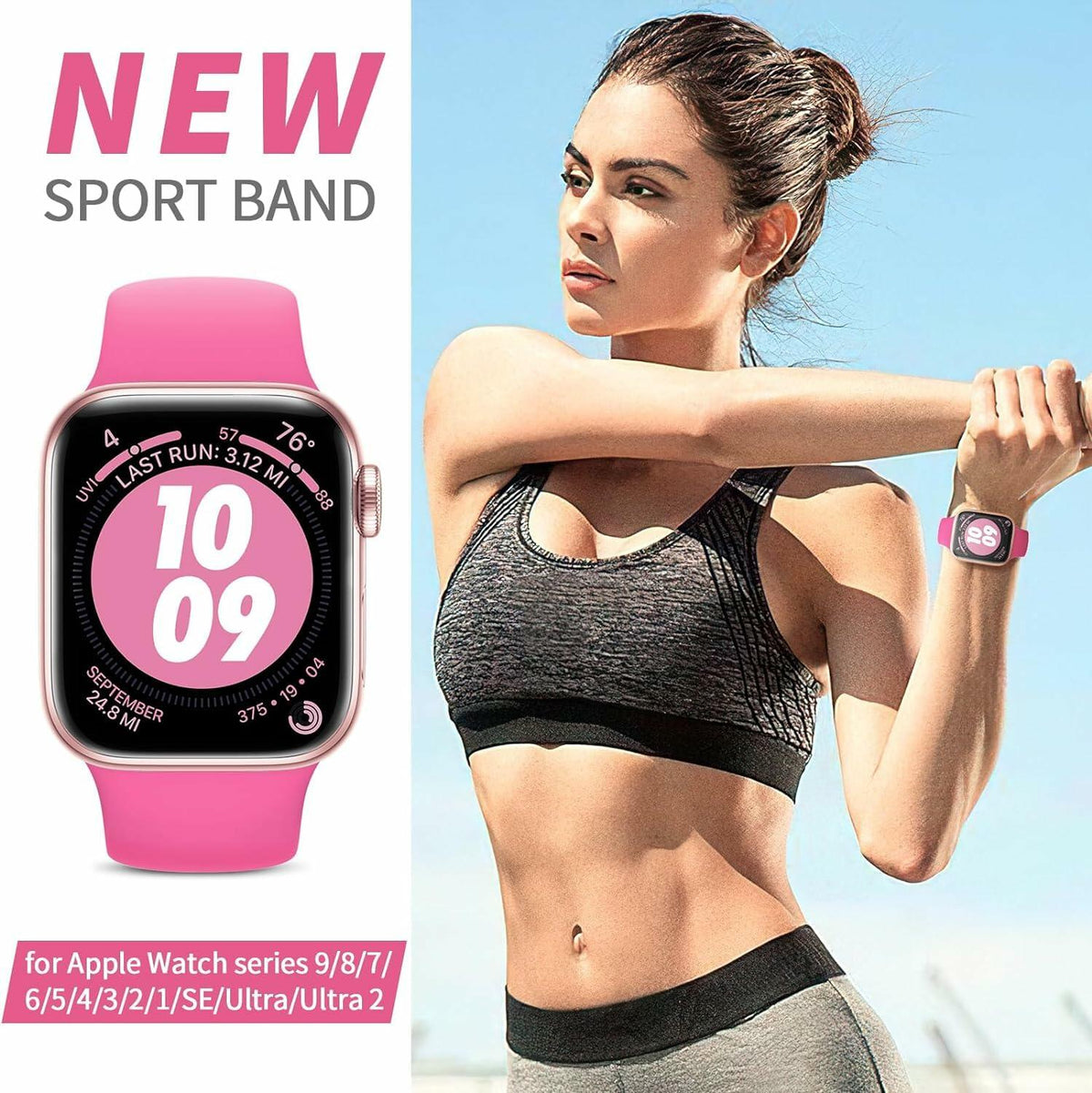 Correa deportiva velocius para Apple Watch de 38-49 mm, silicona, color rosa intenso