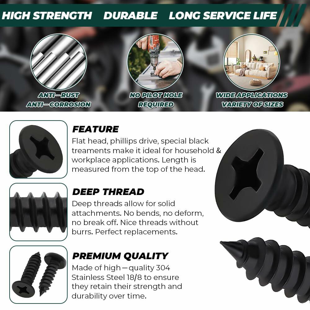 Tornillos para madera Fayeploo de cabeza plana de #10x3/4", 50 piezas, acero inoxidable con óxido negro