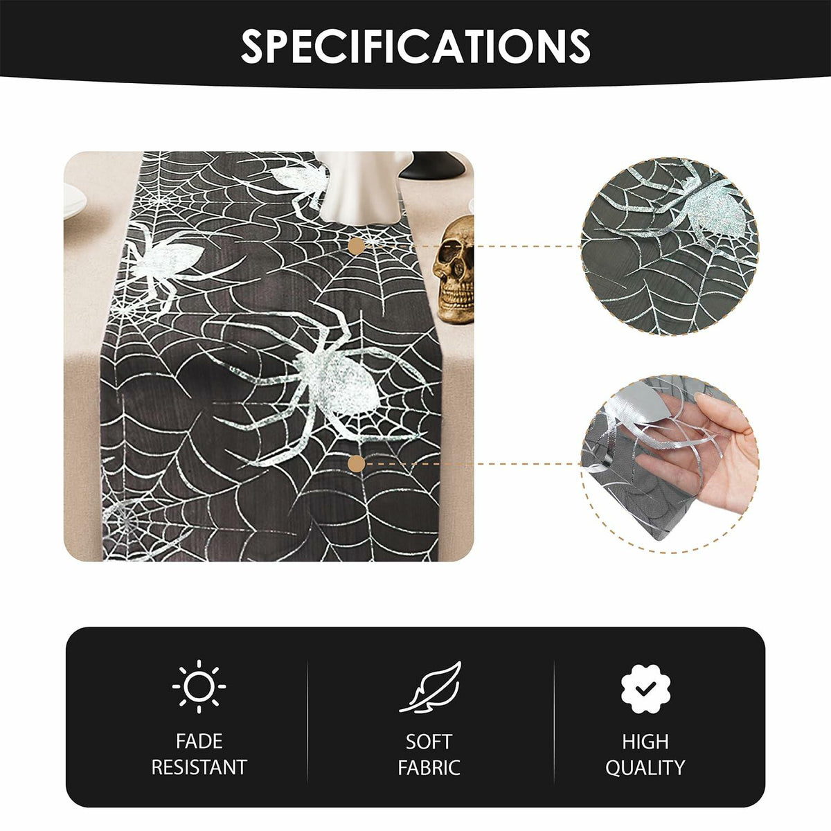 Sioloc Halloween Table Runner Silver Spider Web 13x72 Inch Black Polyester