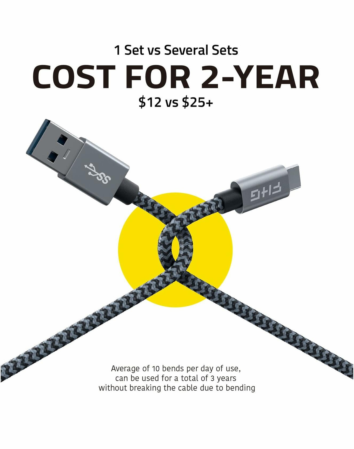 Cable USB 3.0 a USB-C FHG de 3.3 pies, paquete de 2, trenzado de nailon, carga rápida, negro