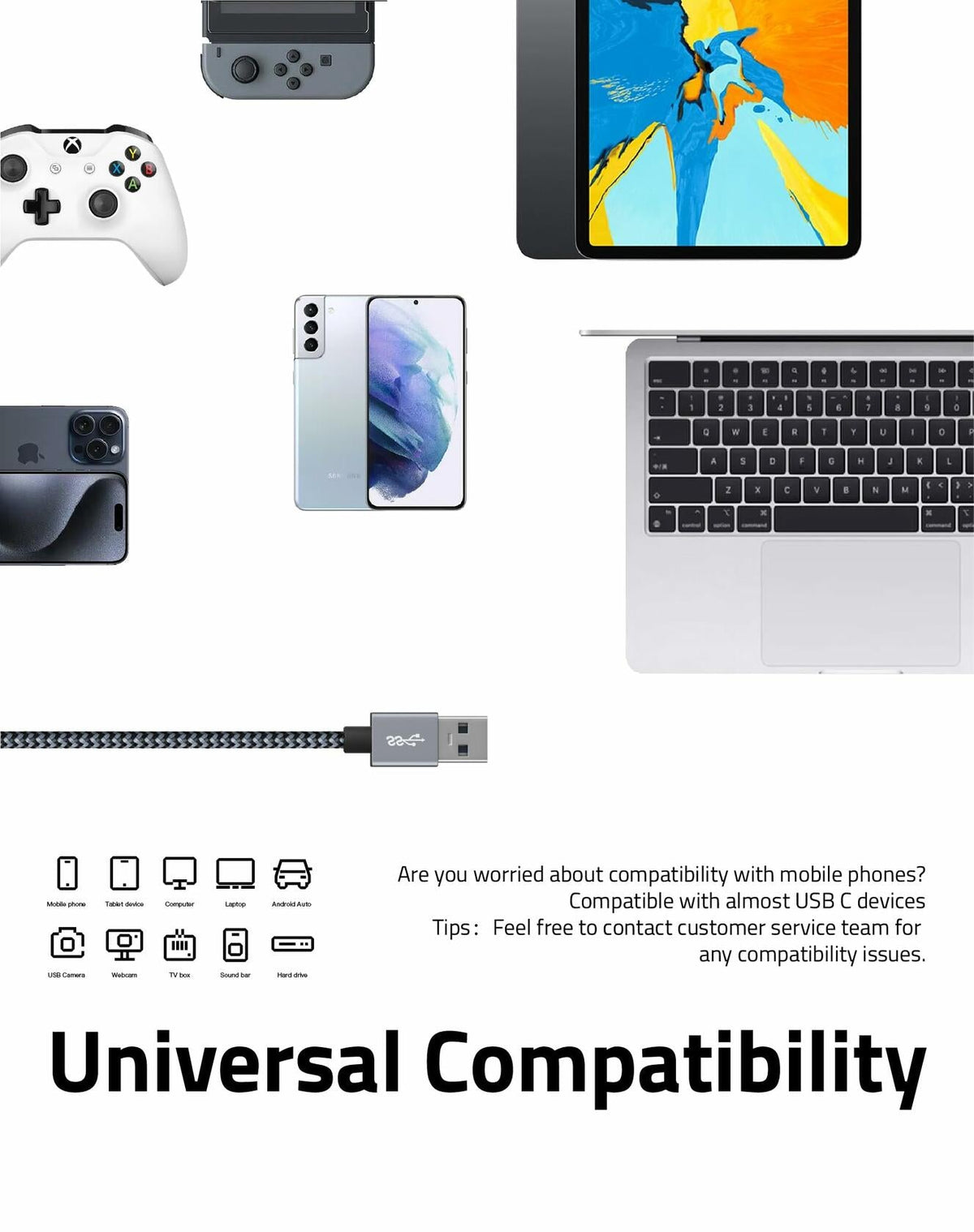 Cable USB 3.0 a USB-C FHG de 3.3 pies, paquete de 2, trenzado de nailon, carga rápida, negro