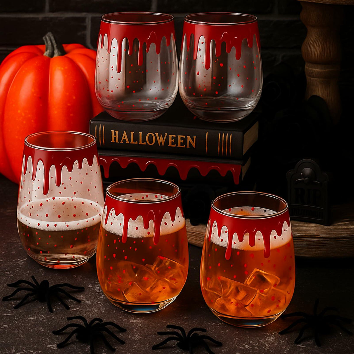 Maxcheck Paquete de 6 copas de vino sin tallo de 18 oz de Halloween transparentes con diseño sangriento