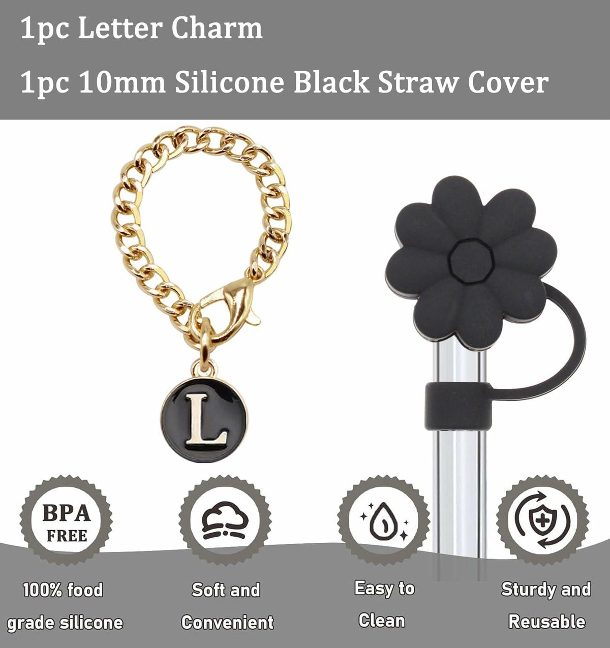 Wabogove Stanley 1pc Silicone Straw Topper & Letter L Charm 30&40oz Tumbler