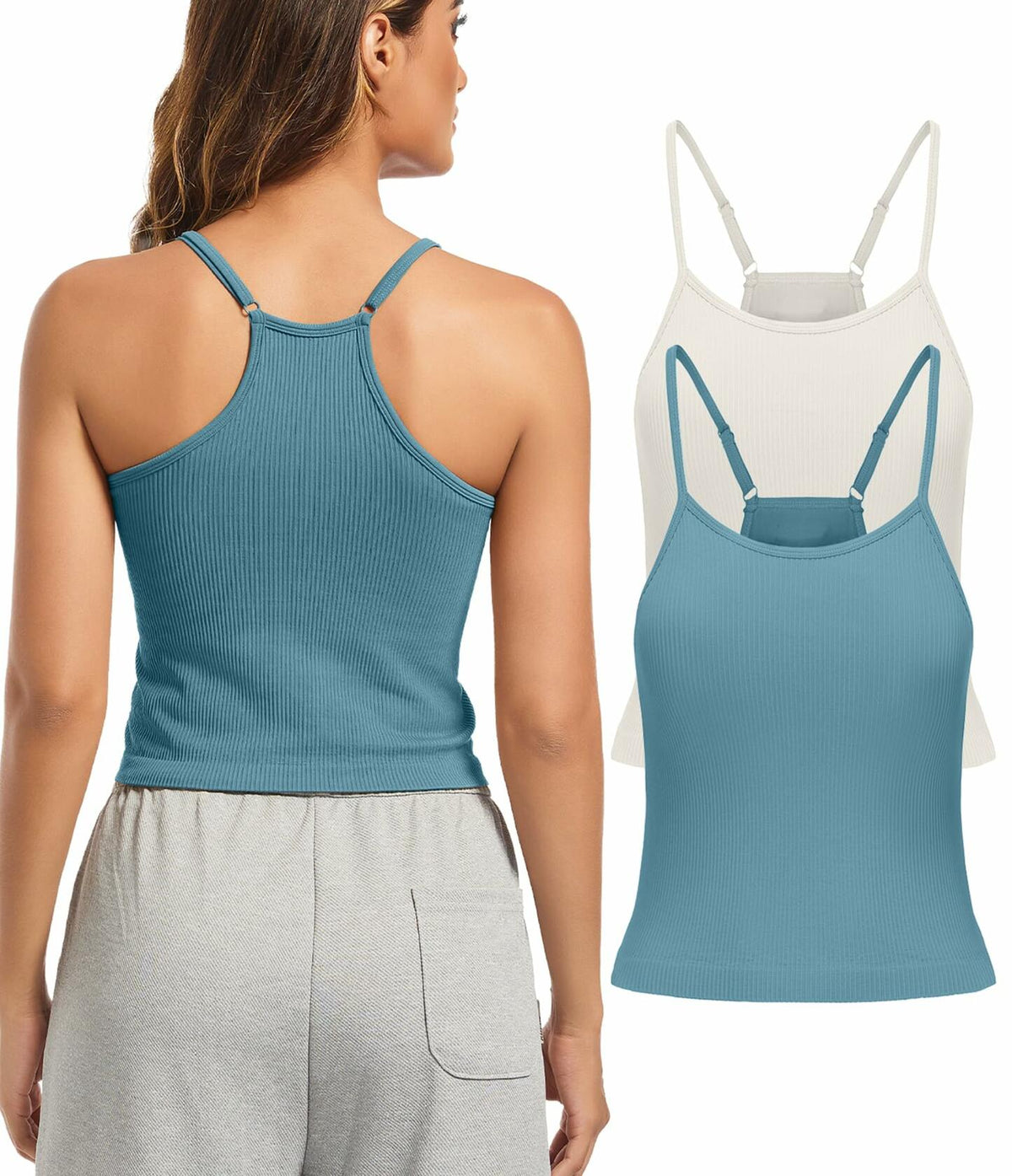 OVESPORT 2-Pack Women’s Workout Tank Tops with Built-In Bra Blue & White L