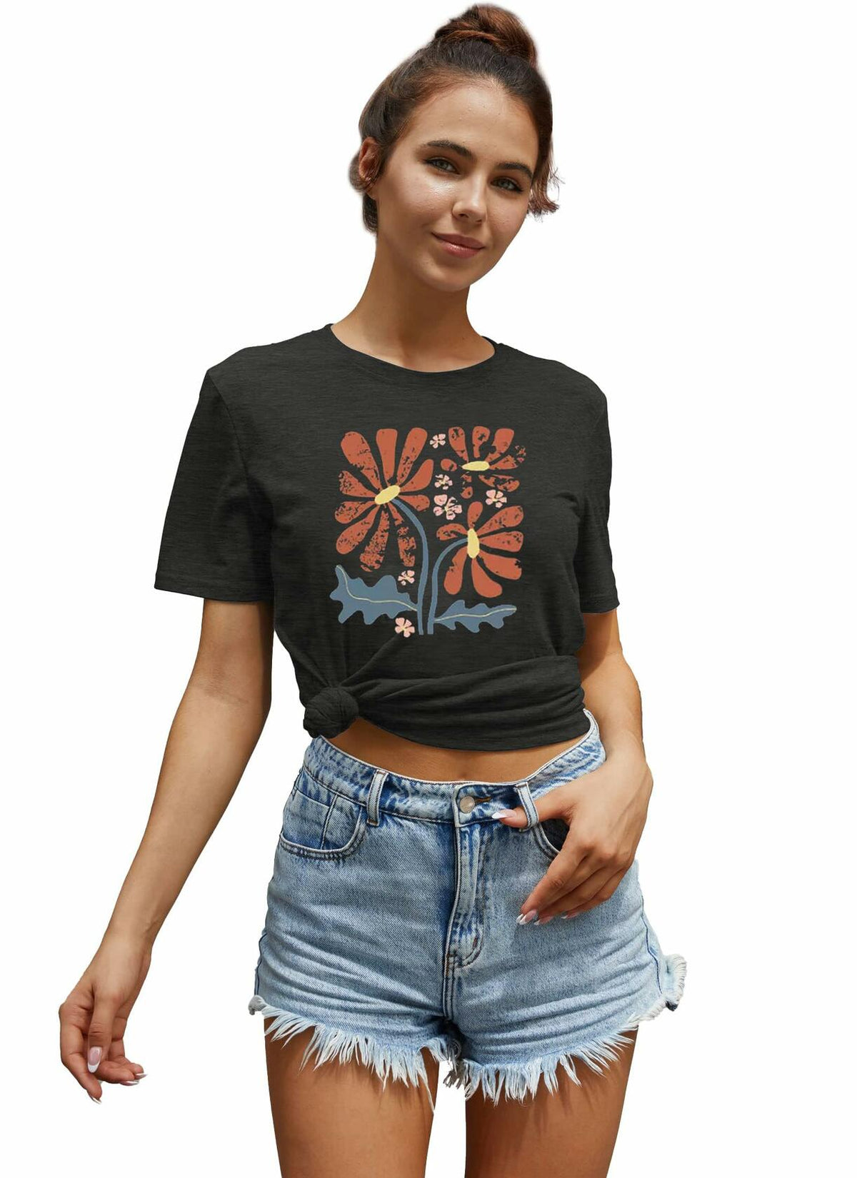 Floral Graphic Boho Women T-Shirt Vintage Wildflower Print Round Neck Small