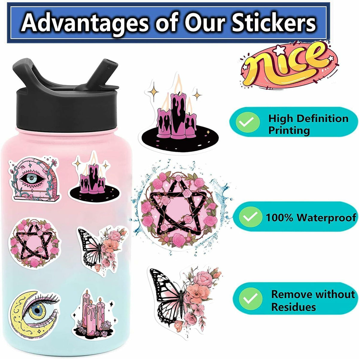 MKZ 50 piezas pegatinas impermeables rosas de brujería vinilo brujería celestial