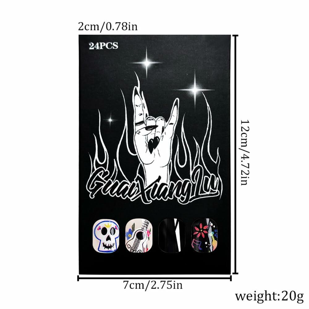 Uñas postizas de Halloween CEWEWP, cuadradas cortas, acrílicas, con diseño de calavera negra, 24 piezas