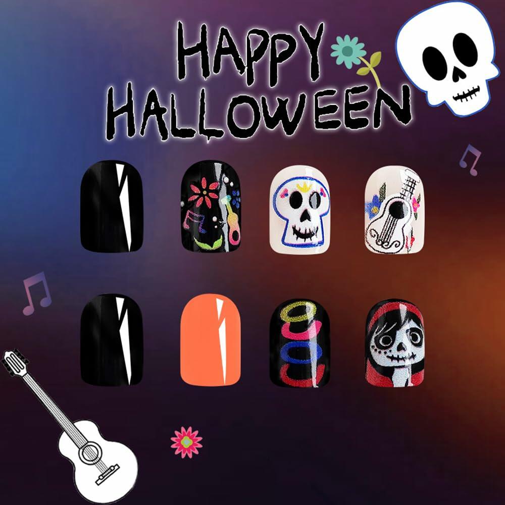 Uñas postizas de Halloween CEWEWP, cuadradas cortas, acrílicas, con diseño de calavera negra, 24 piezas