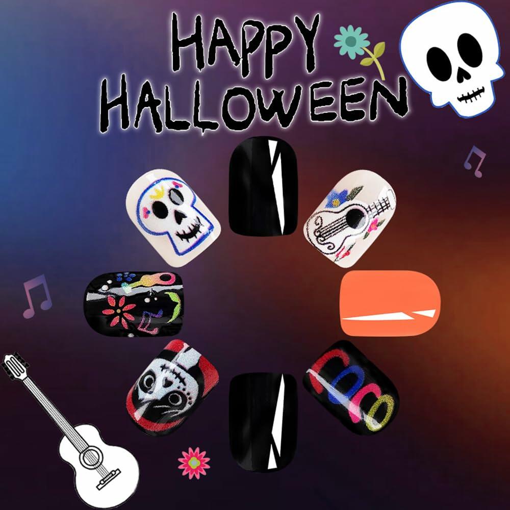 Uñas postizas de Halloween CEWEWP, cuadradas cortas, acrílicas, con diseño de calavera negra, 24 piezas