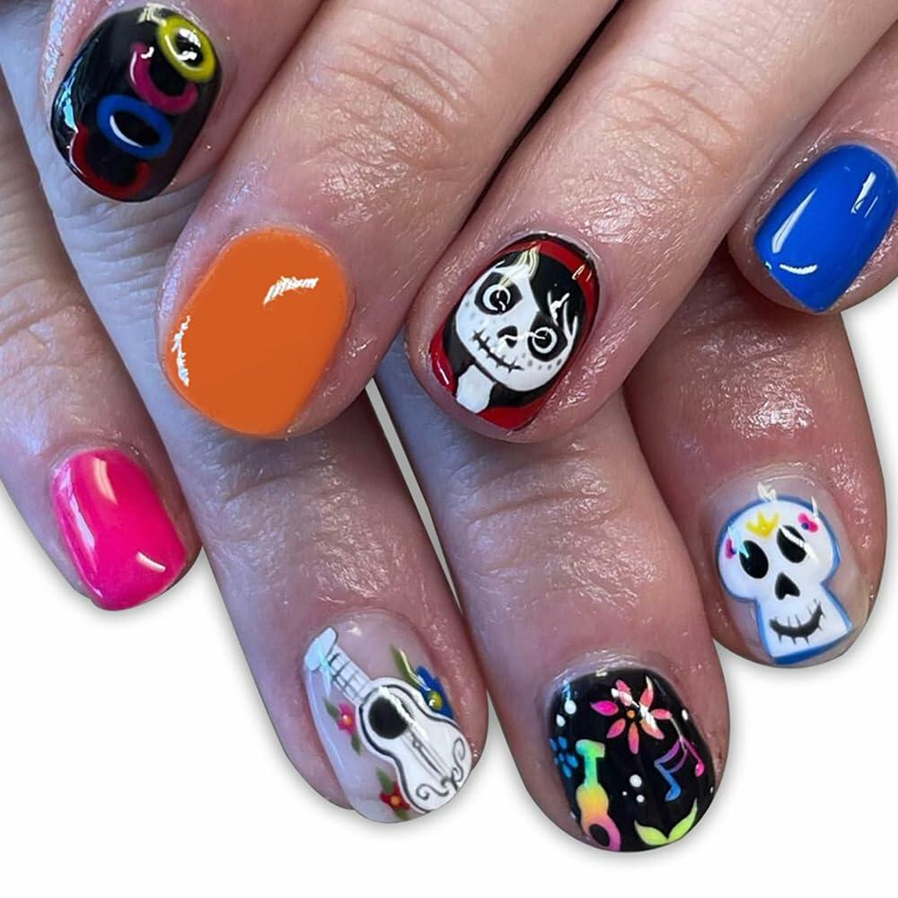 Uñas postizas de Halloween CEWEWP, cuadradas cortas, acrílicas, con diseño de calavera negra, 24 piezas