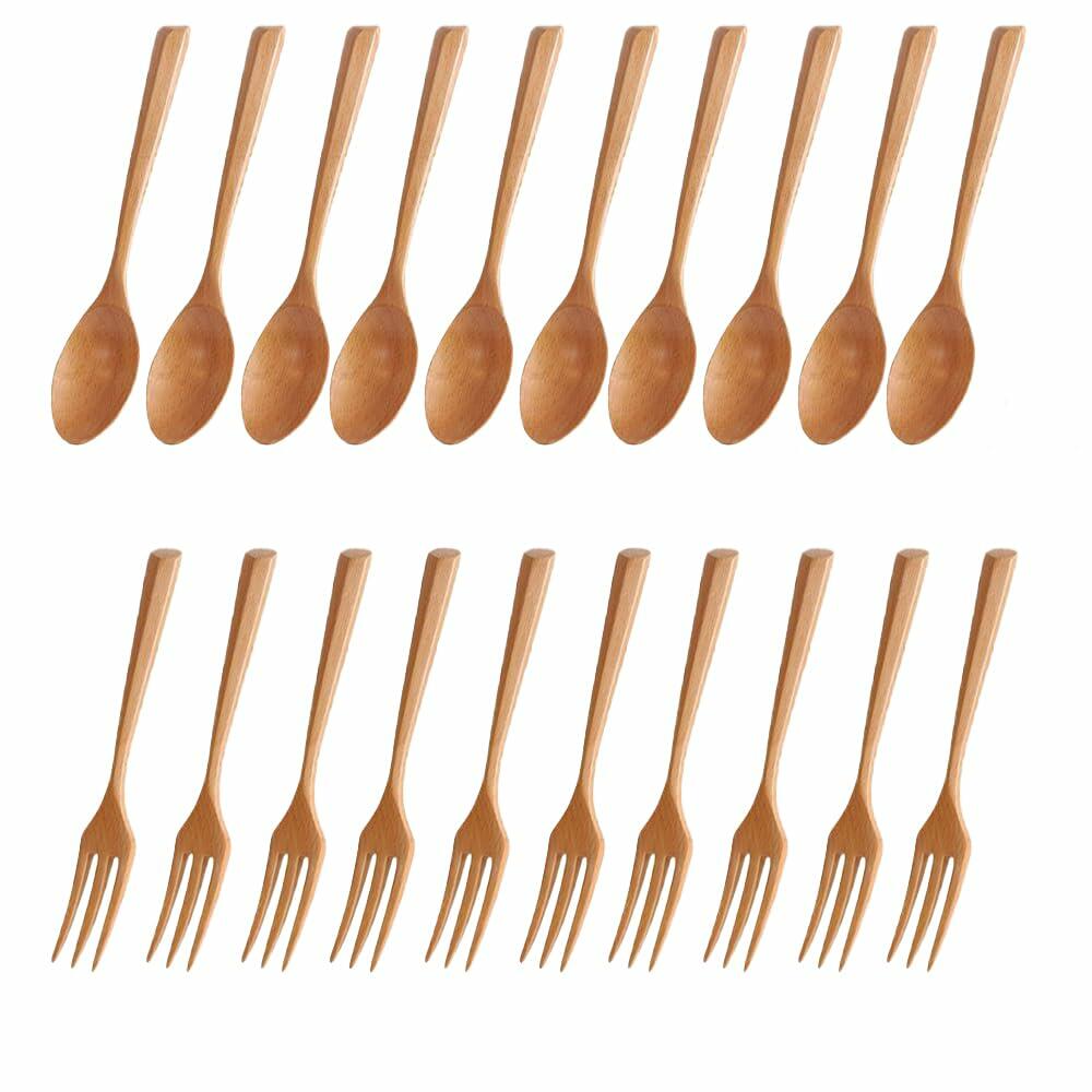 Juego de 20 cucharas y tenedores de madera estilo japonés Chen Mi, cubiertos reutilizables