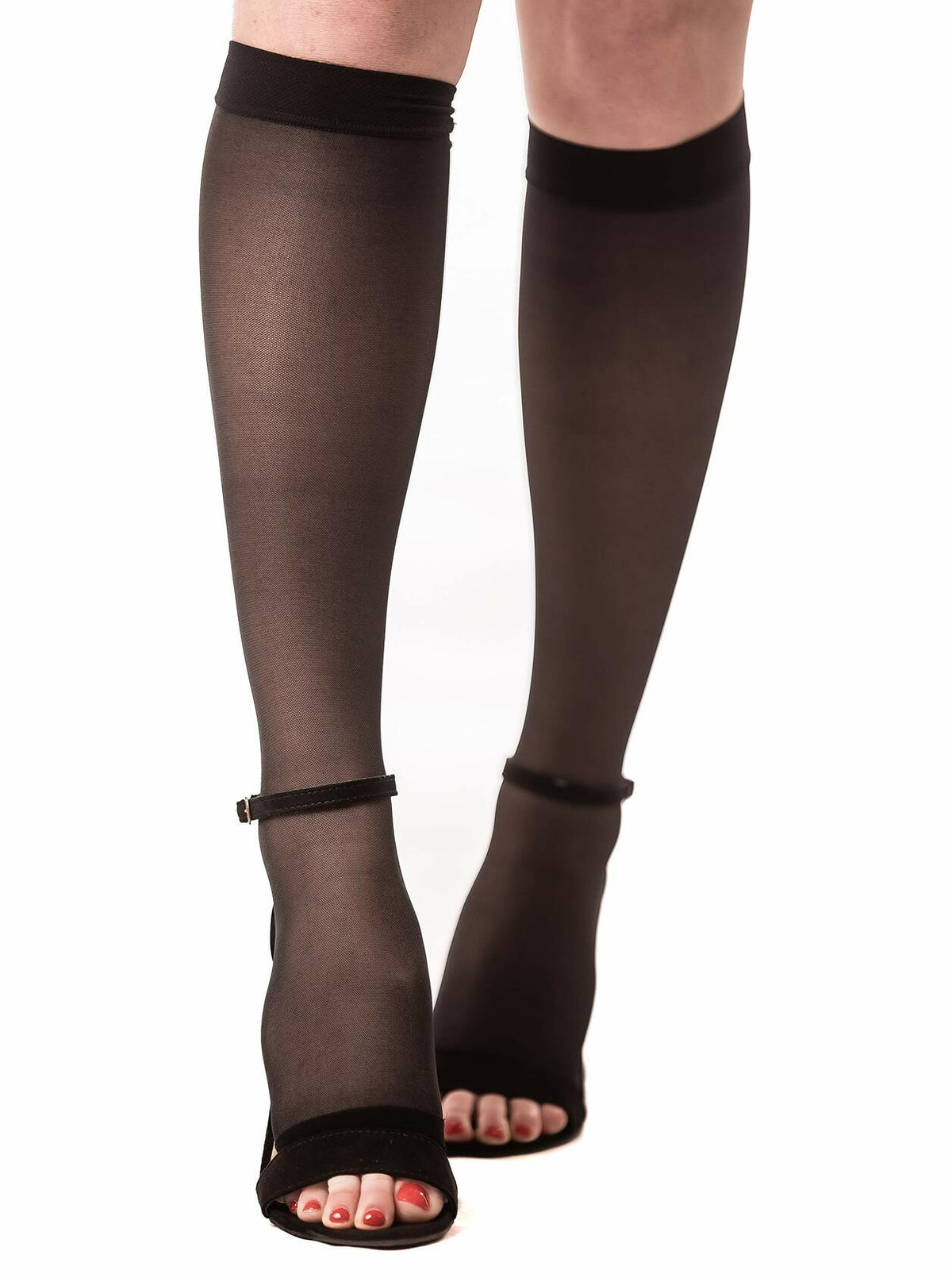 Calcetines de compresión Medicella transparentes hasta la rodilla, punta abierta, 15-20 mmHg, negros