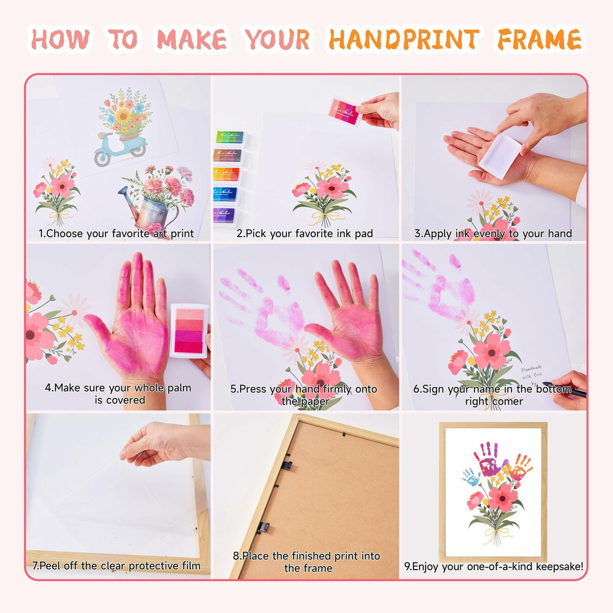 CHERRY CHEERS Flower Bouquet Handprint Art Kit 3 Sheets 6 Colors White Canvas
