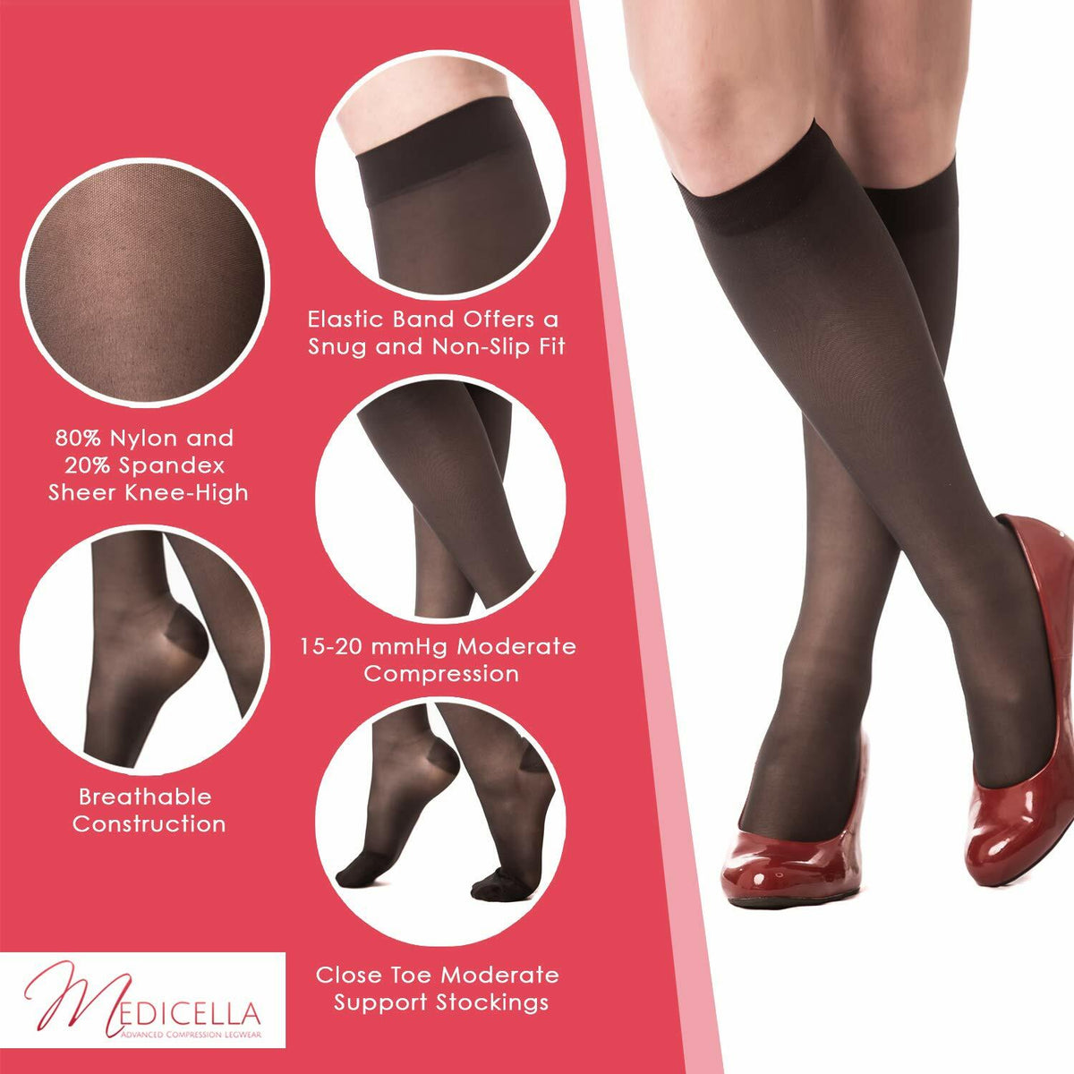 Calcetines de compresión Medicella transparentes hasta la rodilla, punta abierta, 15-20 mmHg, negros