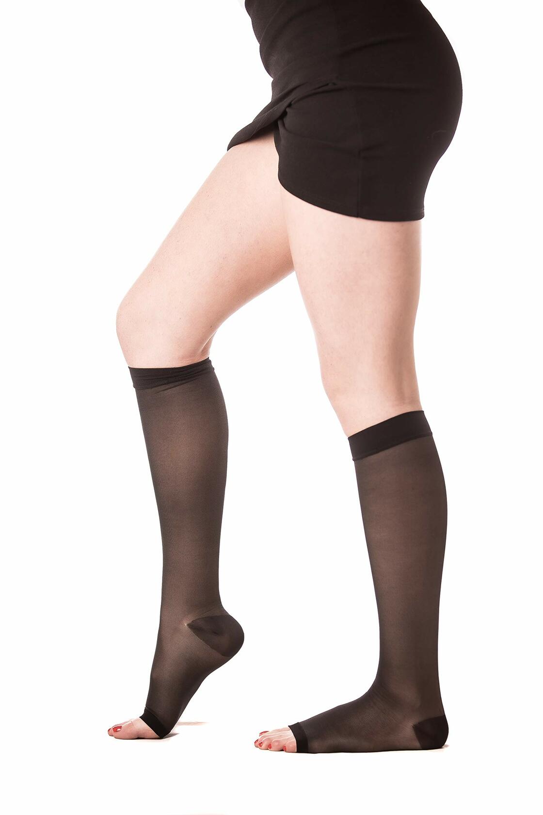 Calcetines de compresión Medicella transparentes hasta la rodilla, punta abierta, 15-20 mmHg, negros